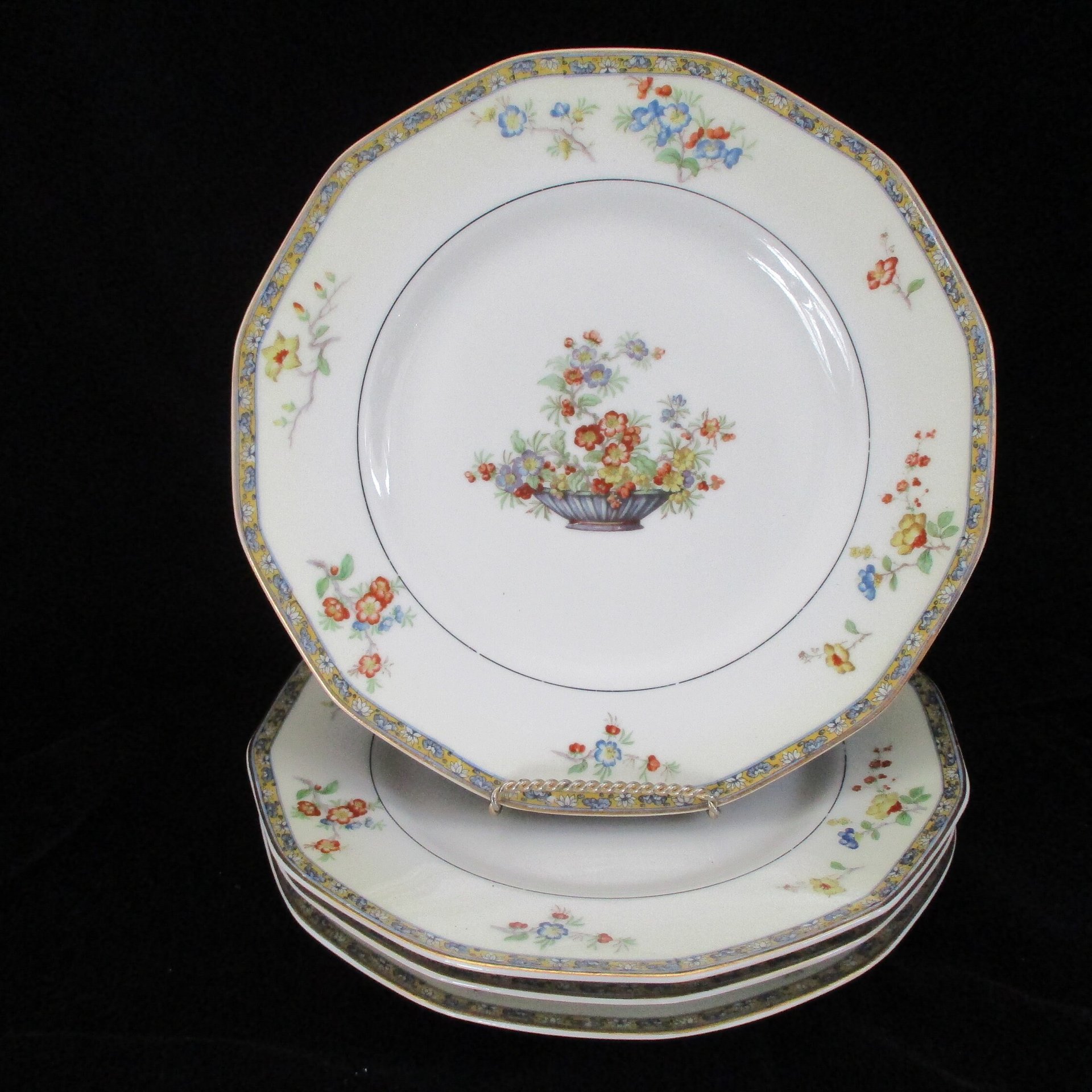 Theodore Haviland Montreux, Dinner Plates, Set of 4, Limoges France, Replacement Completer Piece, Baskets, Gold Trim, 1920s