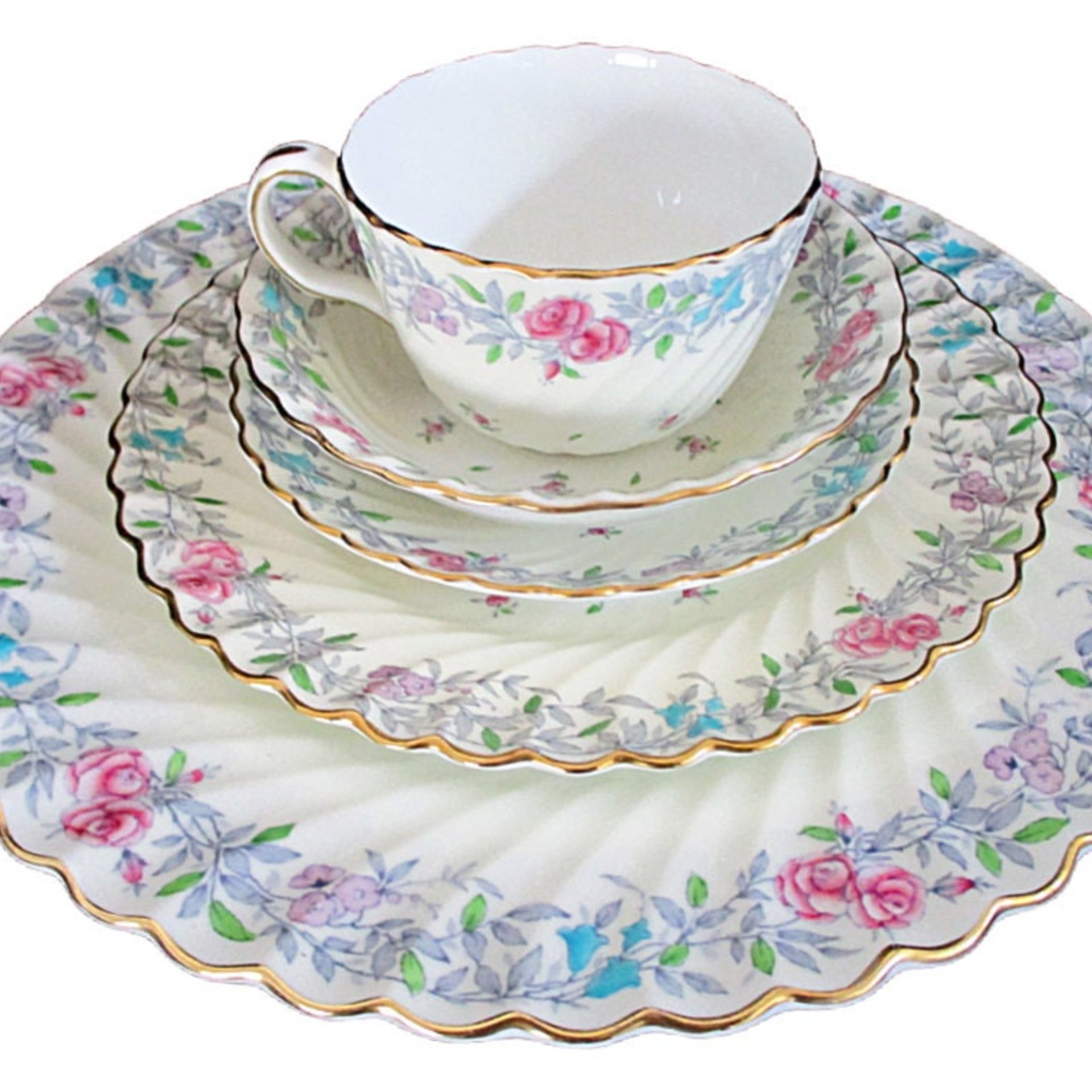 Minton Printemps 5pc, China Place Setting, Dinner Plate, Salad, Dessert Bowl, Cup, Saucer, Gold, Ruffled Edges, Replacement China, England