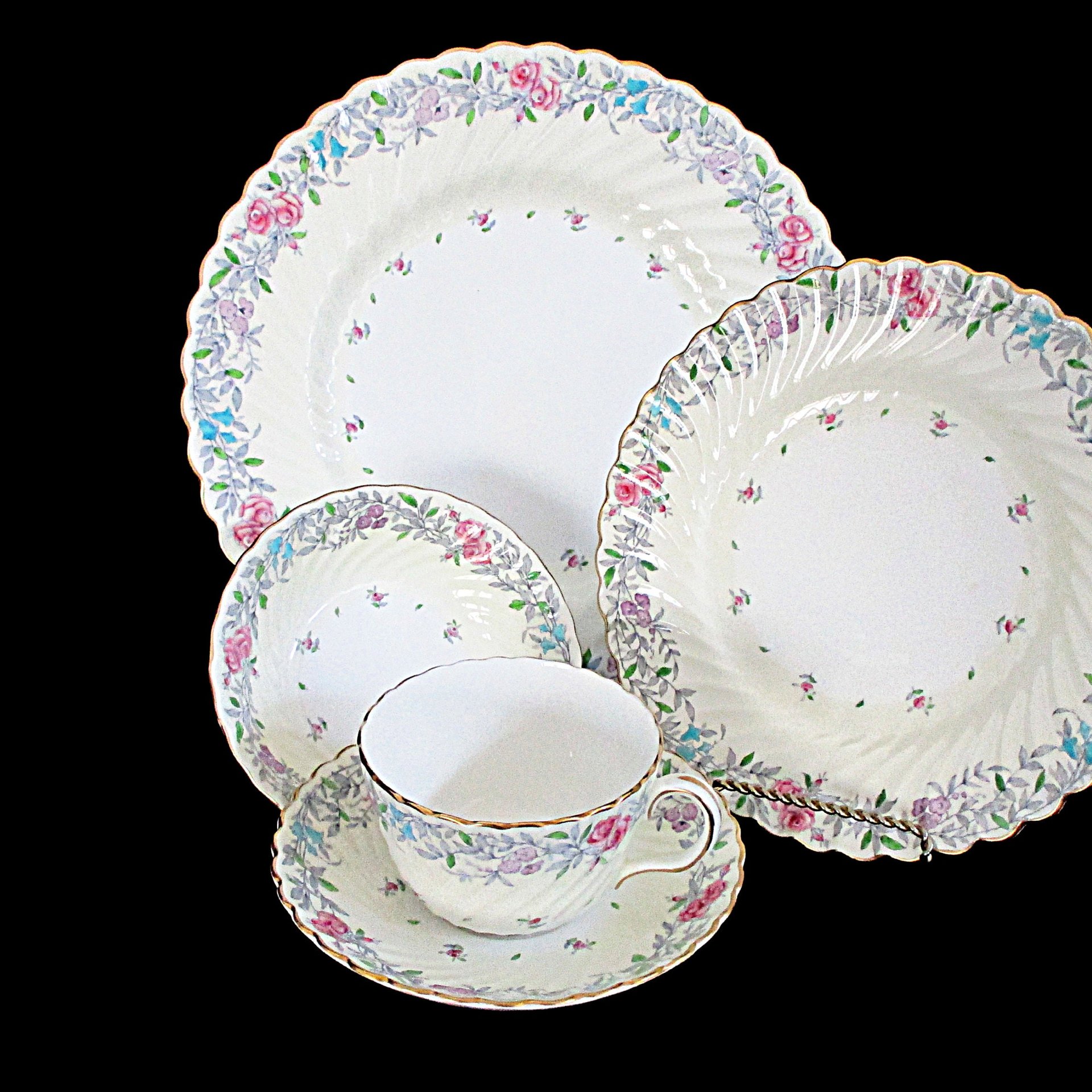 Minton Printemps 5pc, China Place Setting, Dinner Plate, Salad, Dessert Bowl, Cup, Saucer, Gold, Ruffled Edges, Replacement China, England