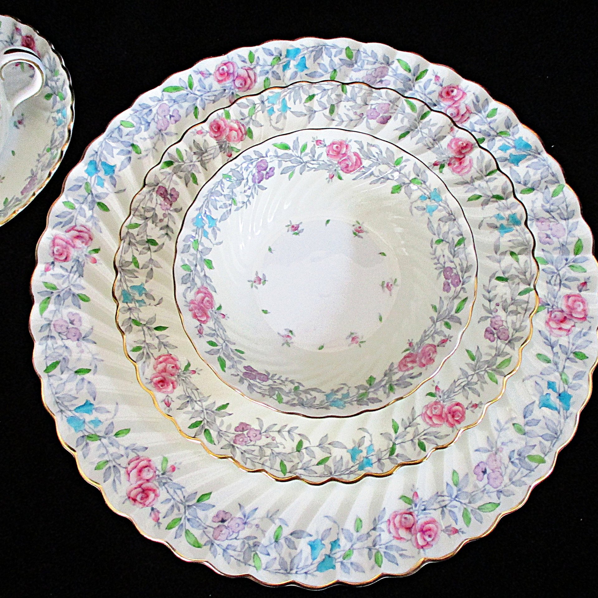 Minton Printemps 5pc, China Place Setting, Dinner Plate, Salad, Dessert Bowl, Cup, Saucer, Gold, Ruffled Edges, Replacement China, England