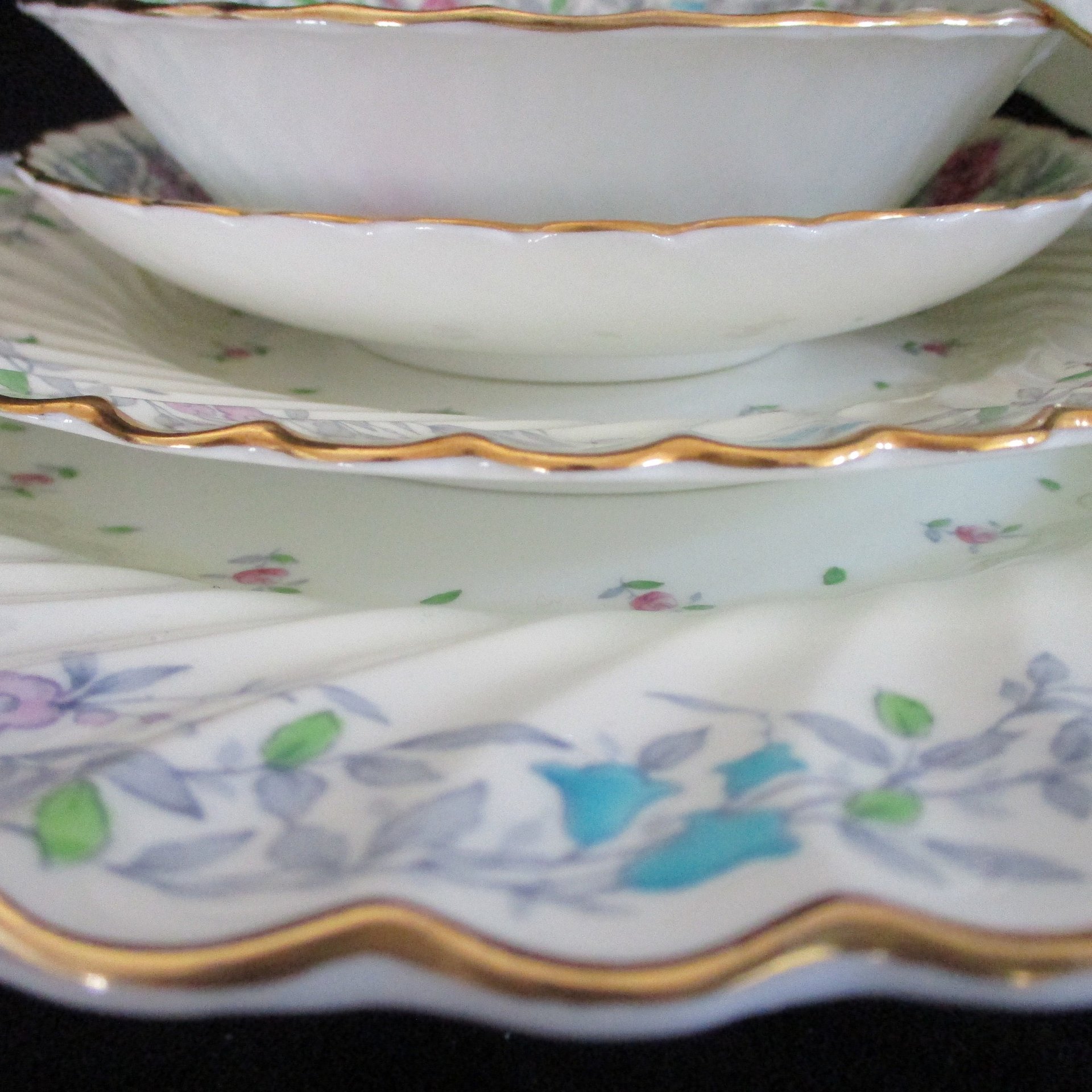 Minton Printemps 5pc, China Place Setting, Dinner Plate, Salad, Dessert Bowl, Cup, Saucer, Gold, Ruffled Edges, Replacement China, England