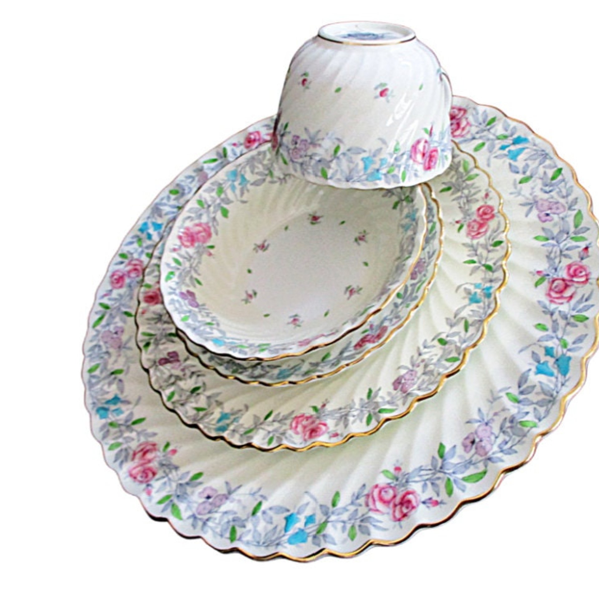 Minton Printemps 5pc, China Place Setting, Dinner Plate, Salad, Dessert Bowl, Cup, Saucer, Gold, Ruffled Edges, Replacement China, England