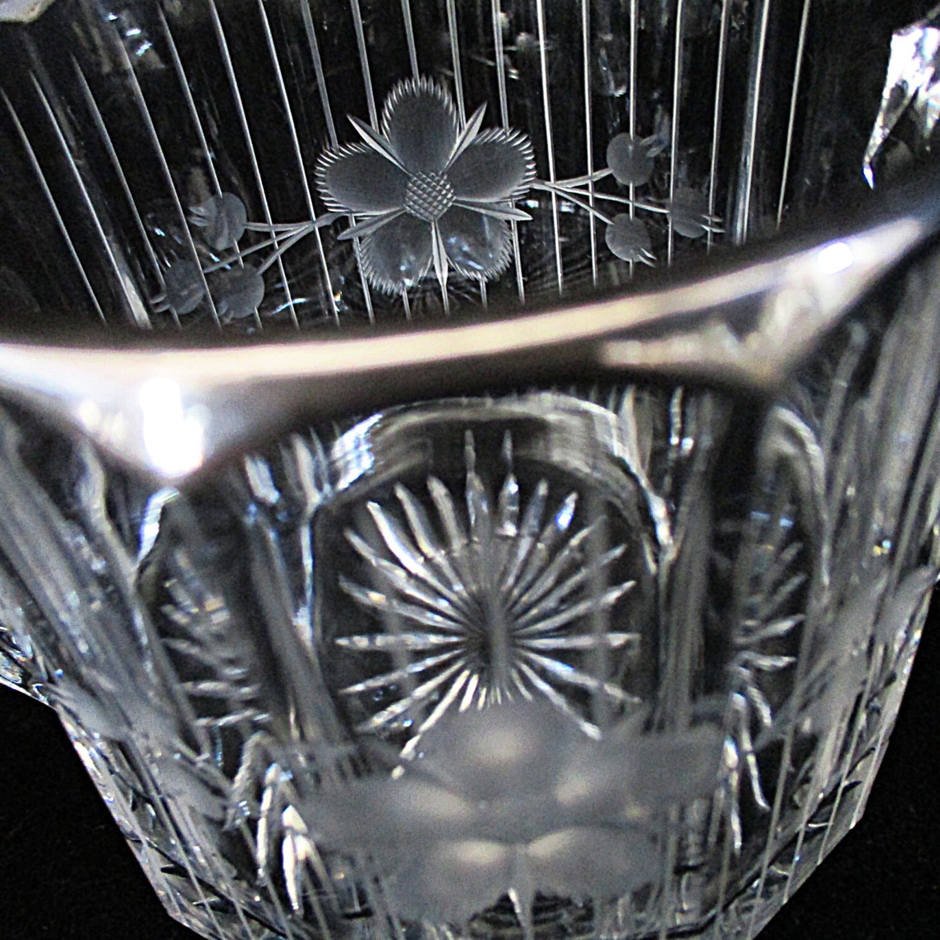 Cut Etched Crystal Cream and Sugar Bowl Set, Thick Silver Rims, Formal Dining