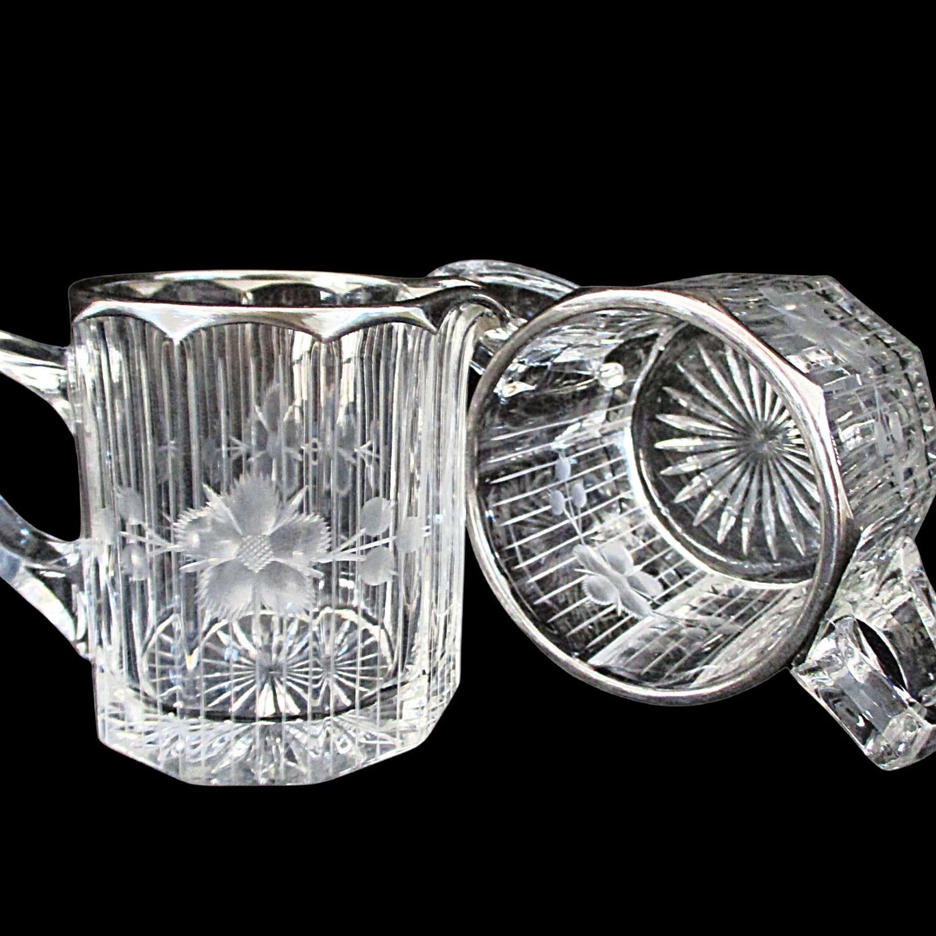 Cut Etched Crystal Cream and Sugar Bowl Set, Thick Silver Rims, Formal Dining