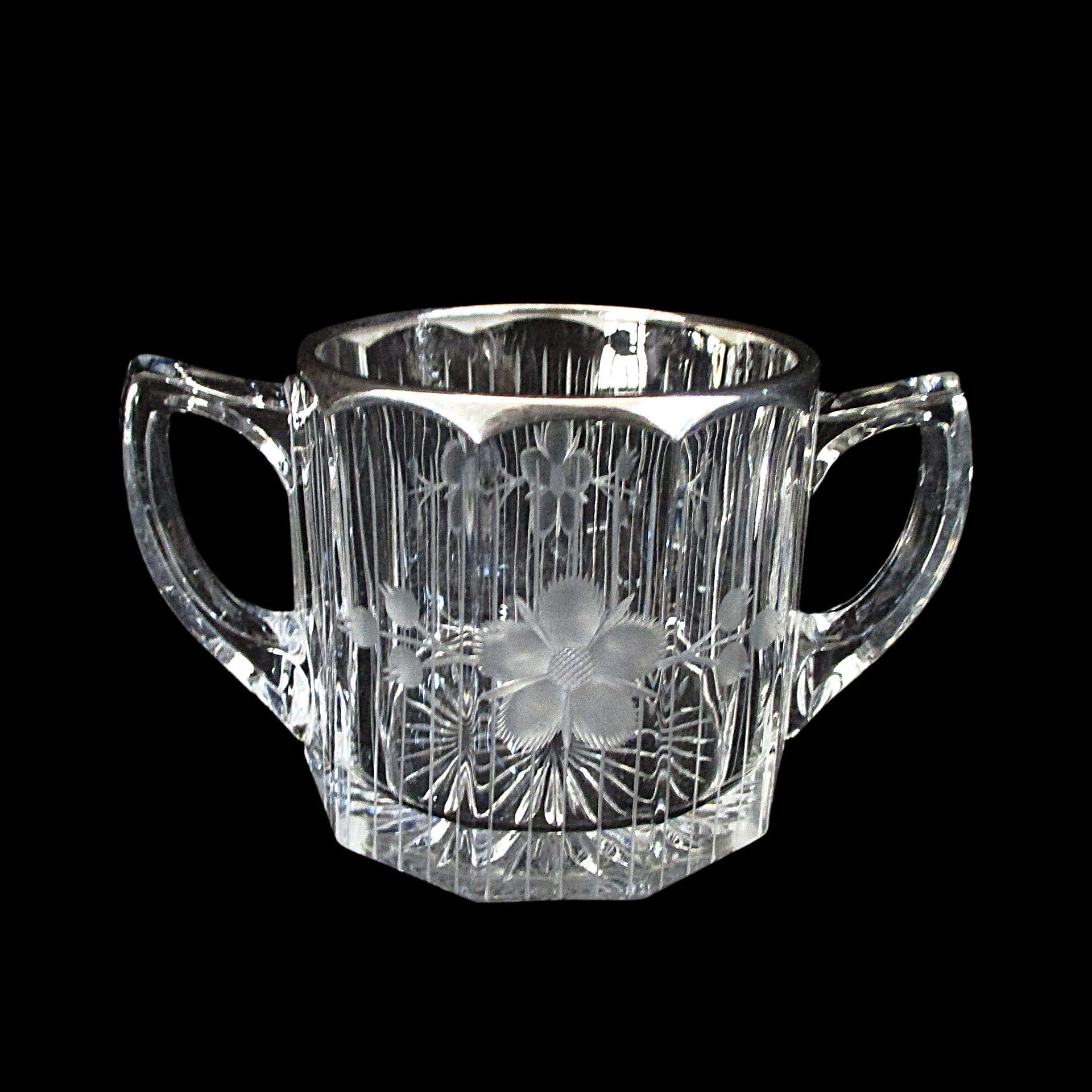 Cut Etched Crystal Cream and Sugar Bowl Set, Thick Silver Rims, Formal Dining