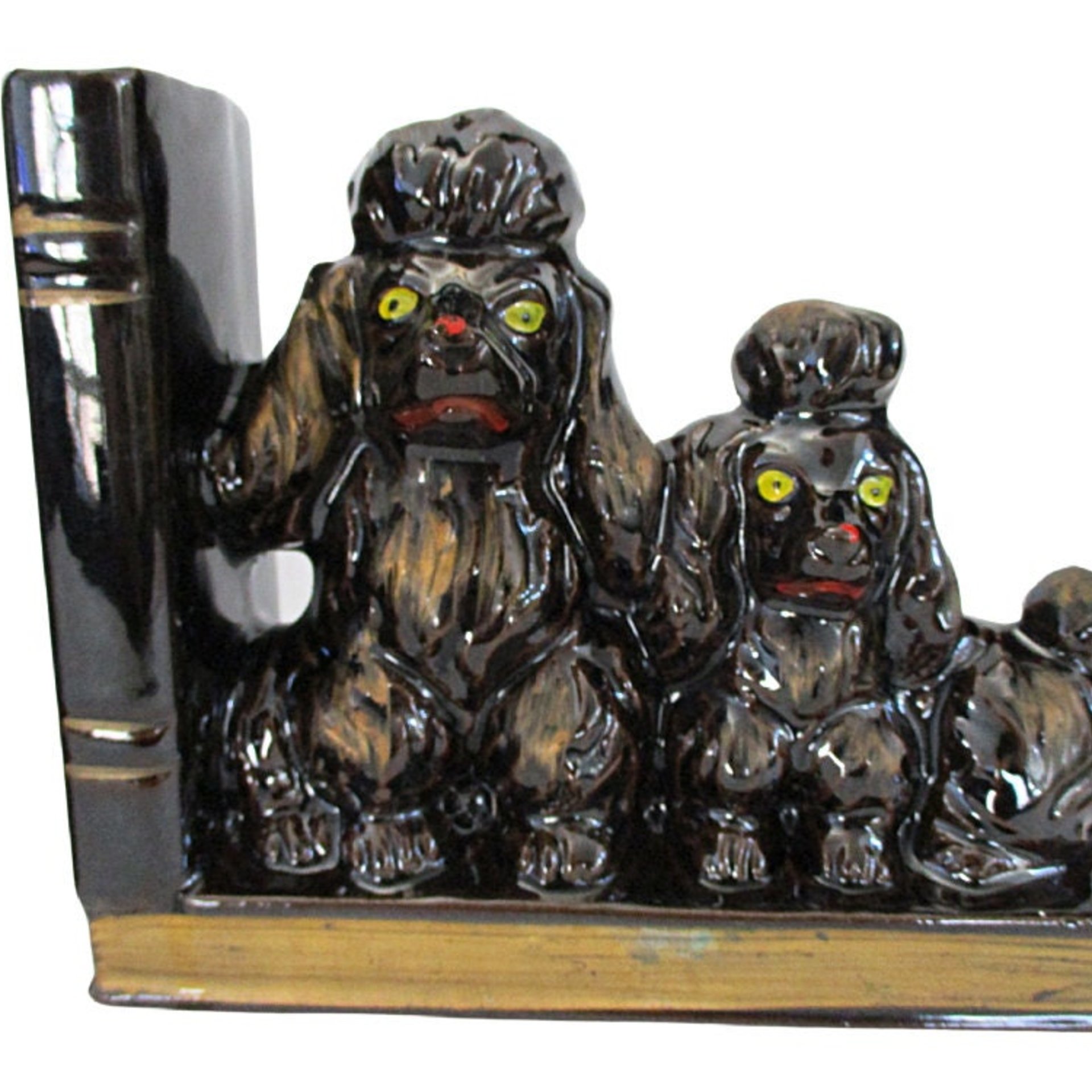 Mid Century Poodle Bookends, Pair of Black French Poodles, Japan Redware, Gold Accents