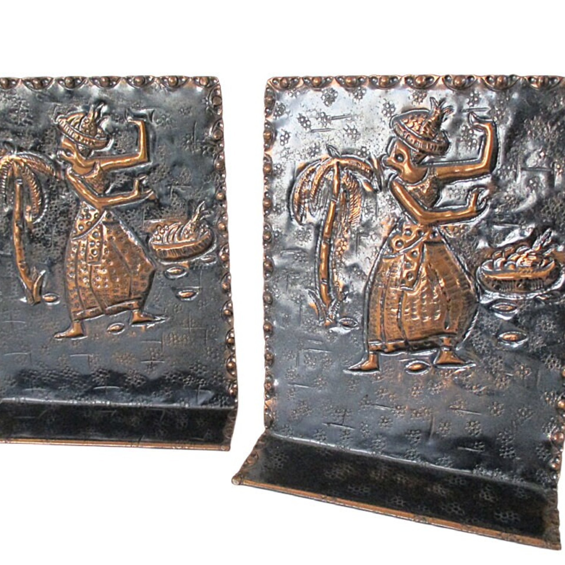 Tropical Bookends, Tin Metal, Palm Trees, Dancer, Beach Decor