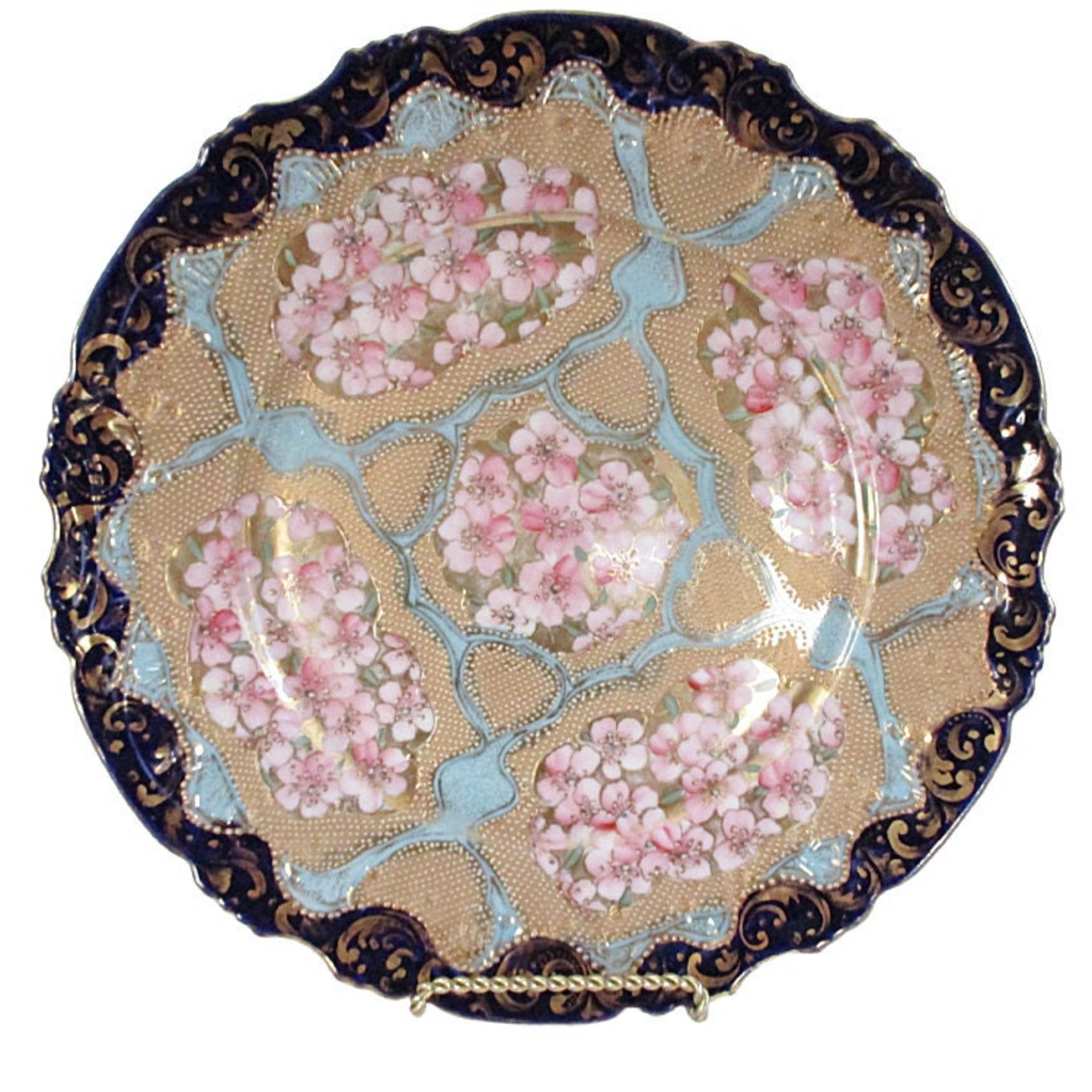 Antique Nippon Plate, Cobalt Blue and Gold Borders, Heavy Moriage, Coral, Pinks, Light Aqua, Ornate, Heavy Gold, 10 Inch Diameter
