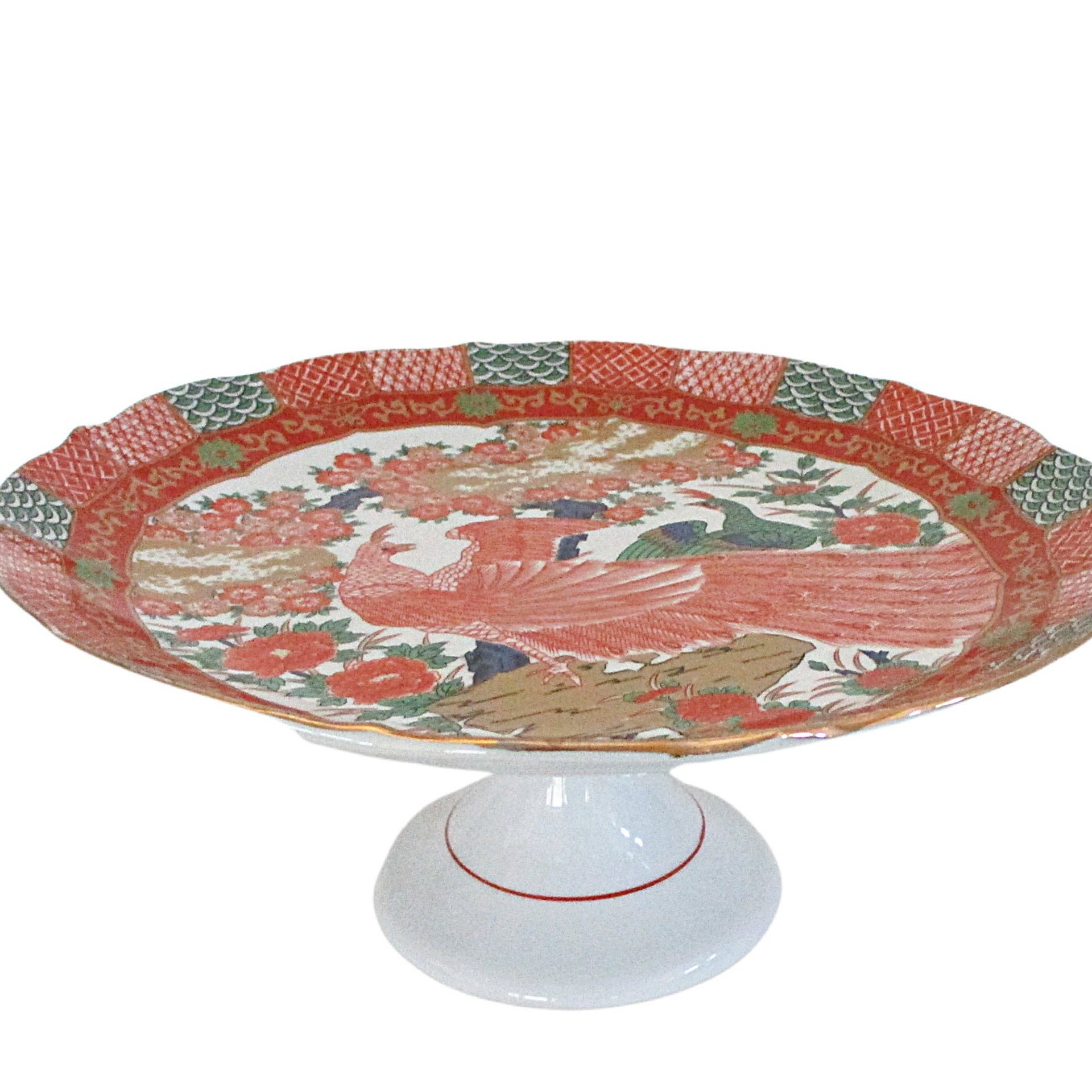 Cake Stand or Pedestal, Red Asian Bird or Pheasant, Scalloped with Gold Trims, Asian Decor, Made in Japan