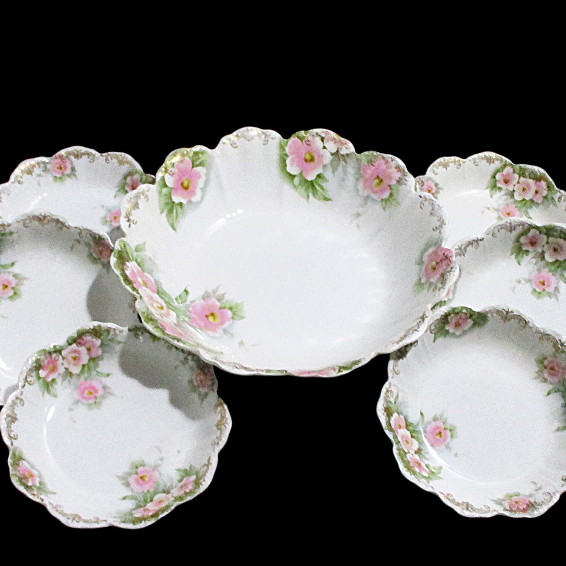 Antique Berry Set, Serving Bowl and 6 Small Bowls, 7pc Set, Scalloped Edges, Pink Florals, Dessert Set, Malmaison, Bavaria, Made in Germany