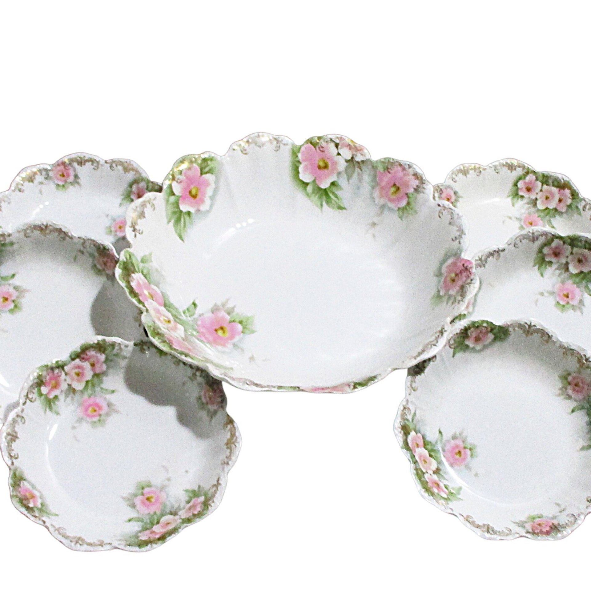 Antique Berry Set, Serving Bowl and 6 Small Bowls, 7pc Set, Scalloped Edges, Pink Florals, Dessert Set, Malmaison, Bavaria, Made in Germany