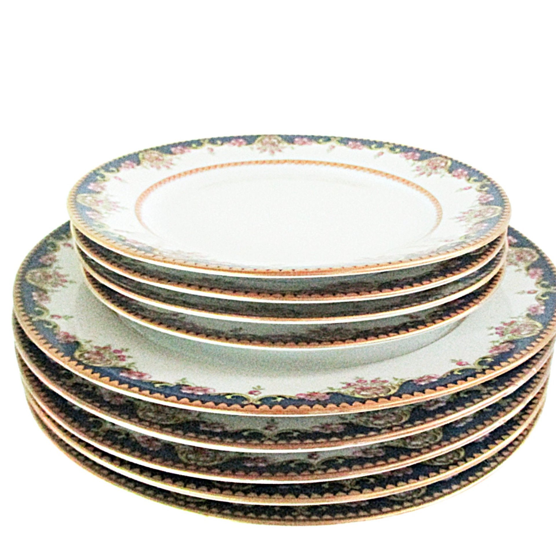 Limoges Plates, Tressemanes Vogt, TRV98, Set of 5 Salads and 4 Dessert or Bread, Blue Border, Pink Roses, Gold Edging, Accent Tablescapes