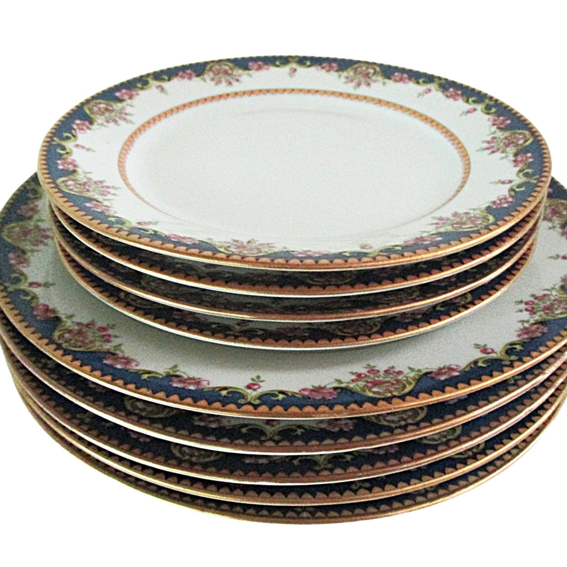 Limoges Plates, Tressemanes Vogt, TRV98, Set of 5 Salads and 4 Dessert or Bread, Blue Border, Pink Roses, Gold Edging, Accent Tablescapes