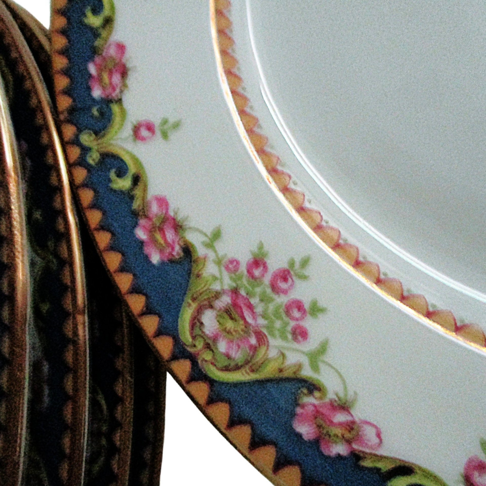 Limoges Plates, Tressemanes Vogt, TRV98, Set of 5 Salads and 4 Dessert or Bread, Blue Border, Pink Roses, Gold Edging, Accent Tablescapes