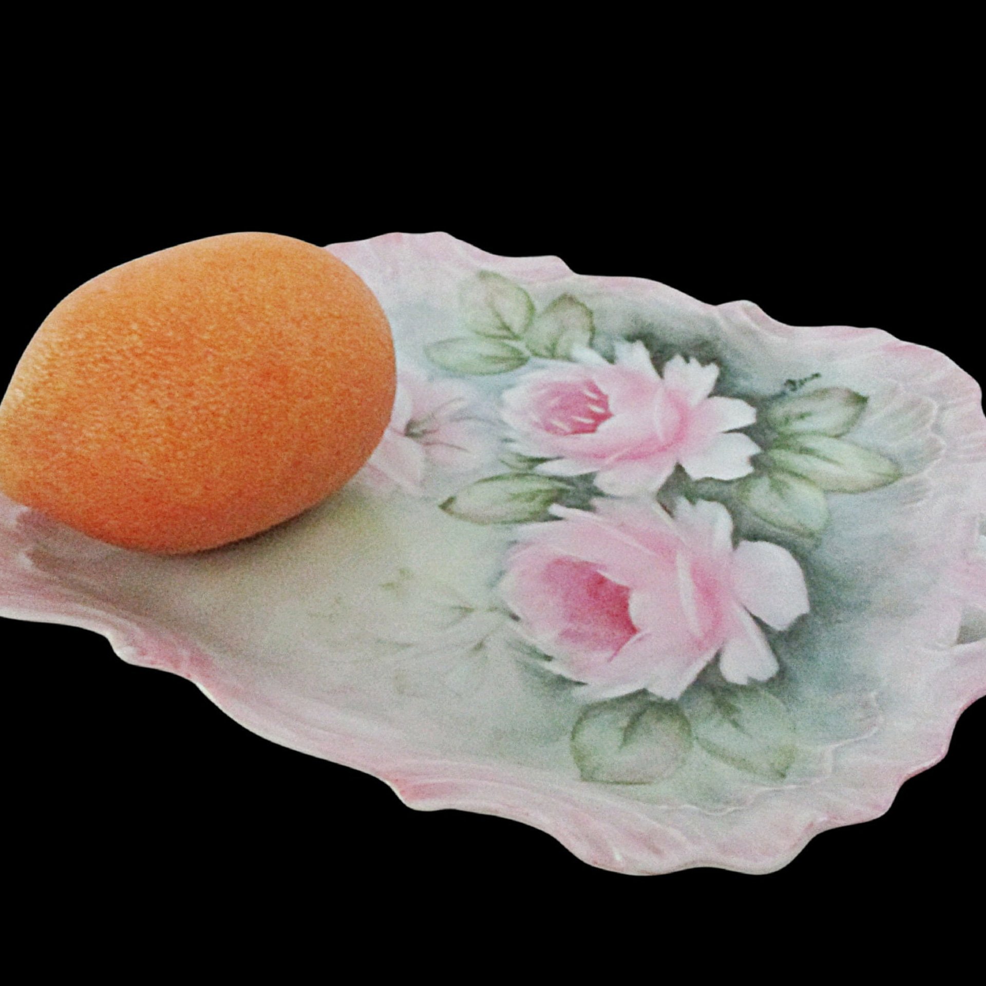 Antique Dresser Tray, Large PInk Roses, Hand Painted, Scalloped Edges, French Bedroom Decor, French Country, Farmhouse Decor