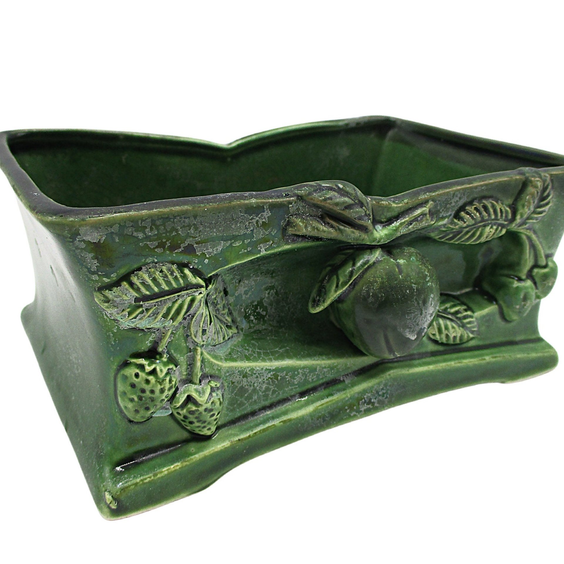 Mid Century Planter, Green Botanical, Dimensional Design, Aged to Perfection