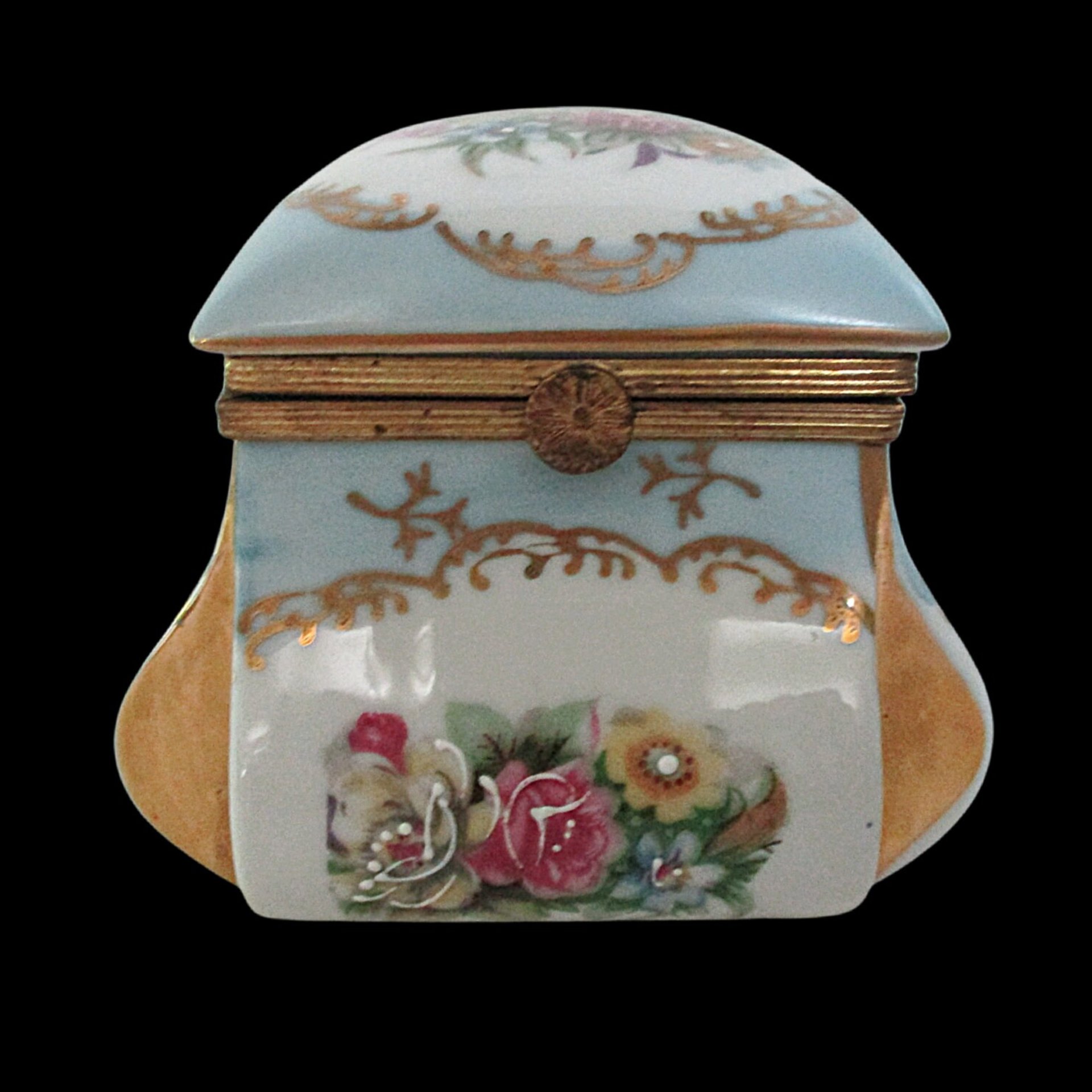 Trinket Box, Lidded and Hinged, Hand Painted, Victorian Florals, Dresser or Vanity Box, Heavy Gold Acccents, Anniversary Gift, Ring Dish