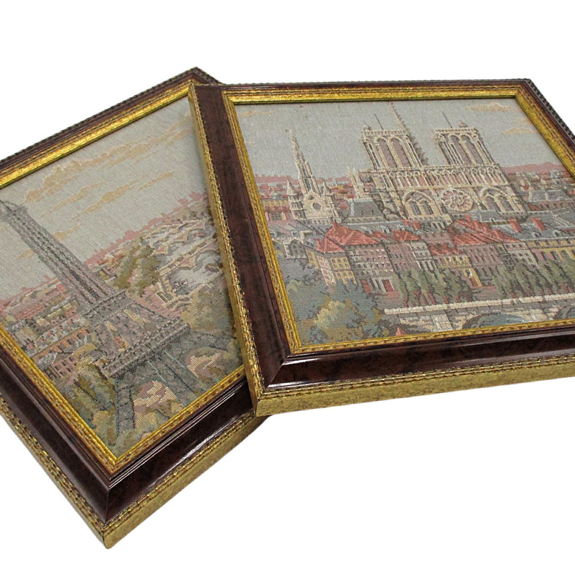 Paris France, Wall Decor, Cotton Silk Threads, Eiffel Tower and Notre Dame Cathedral, Professionally Framed, French Decor