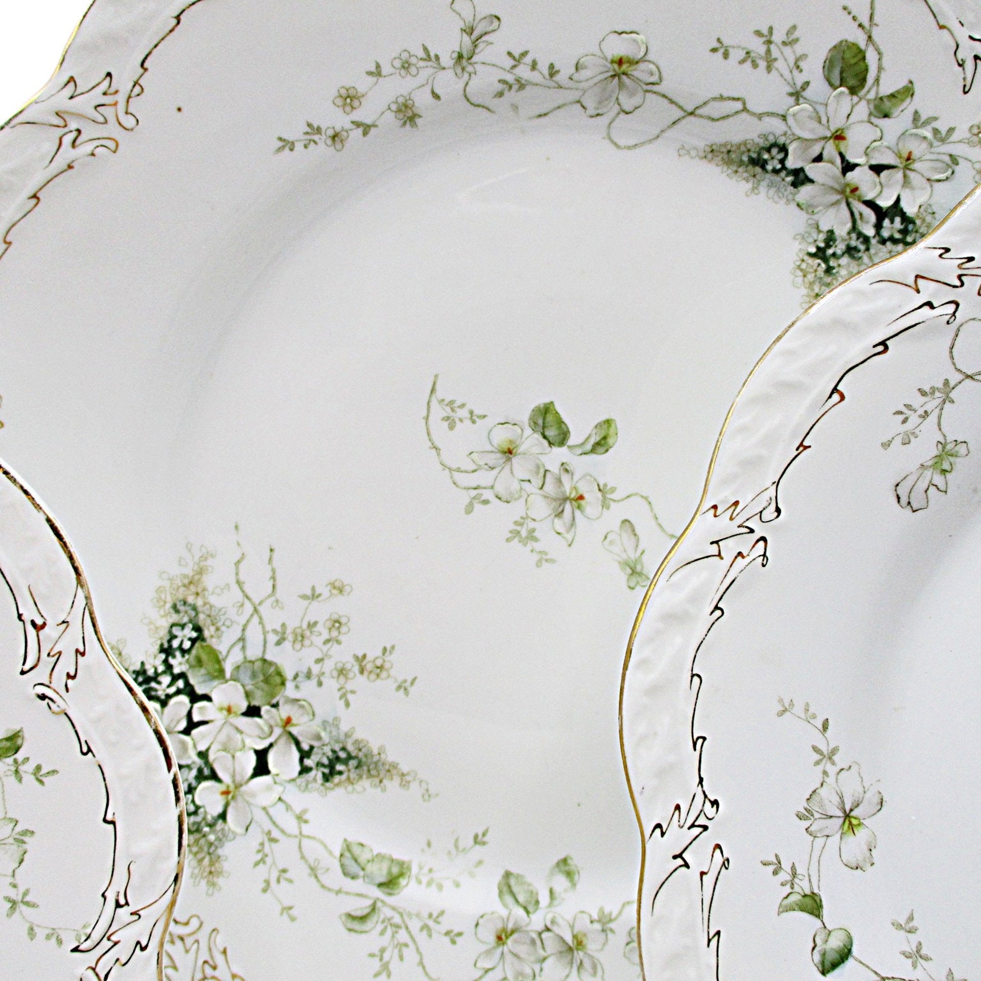 Antique German China, BJK Bav 62, White Flowers, Gold Trim, Deep Green Leaves, Magnolias, Dogwoods, Replacements Plates, Pieces