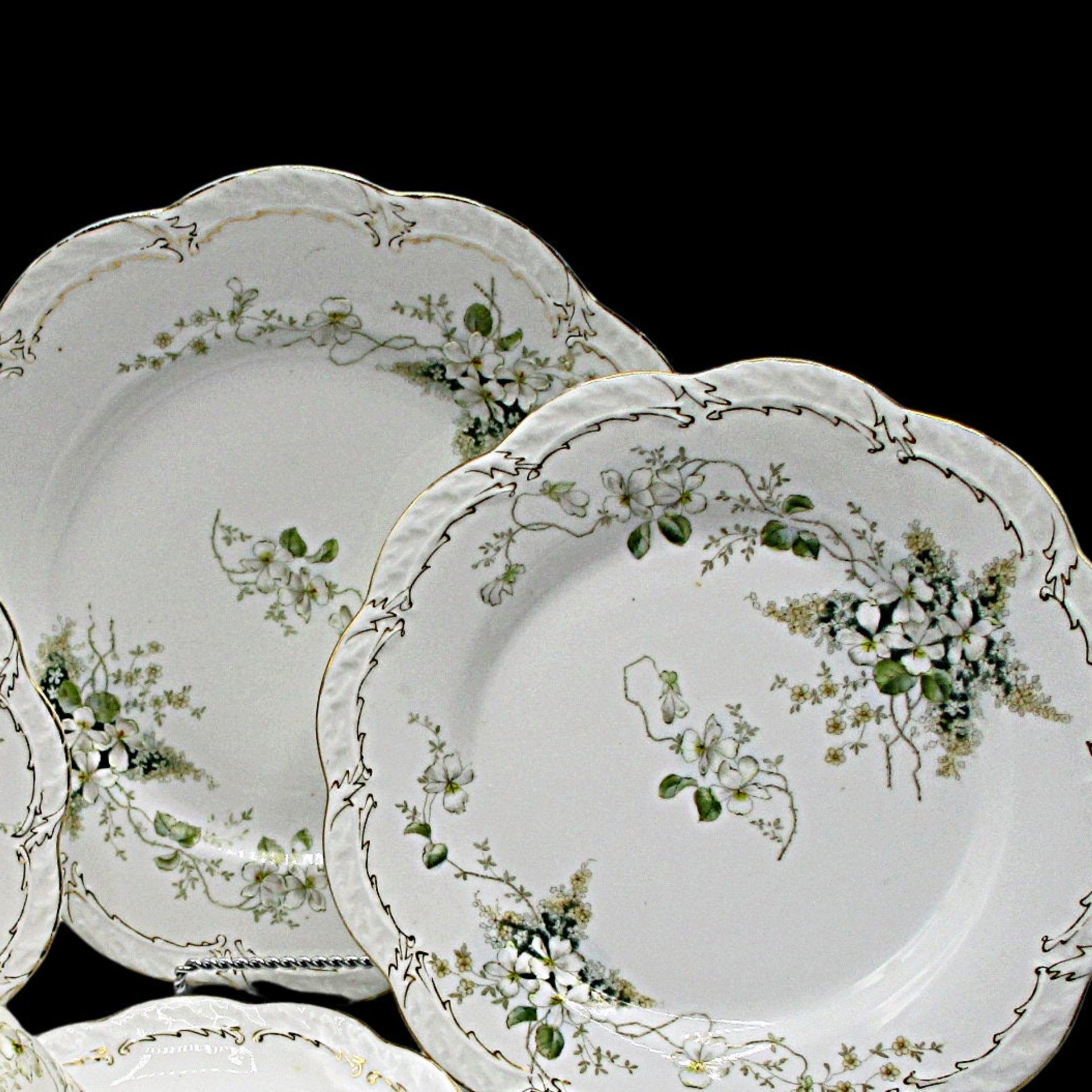 Antique German China, BJK Bav 62, White Flowers, Gold Trim, Deep Green Leaves, Magnolias, Dogwoods, Replacements Plates, Pieces