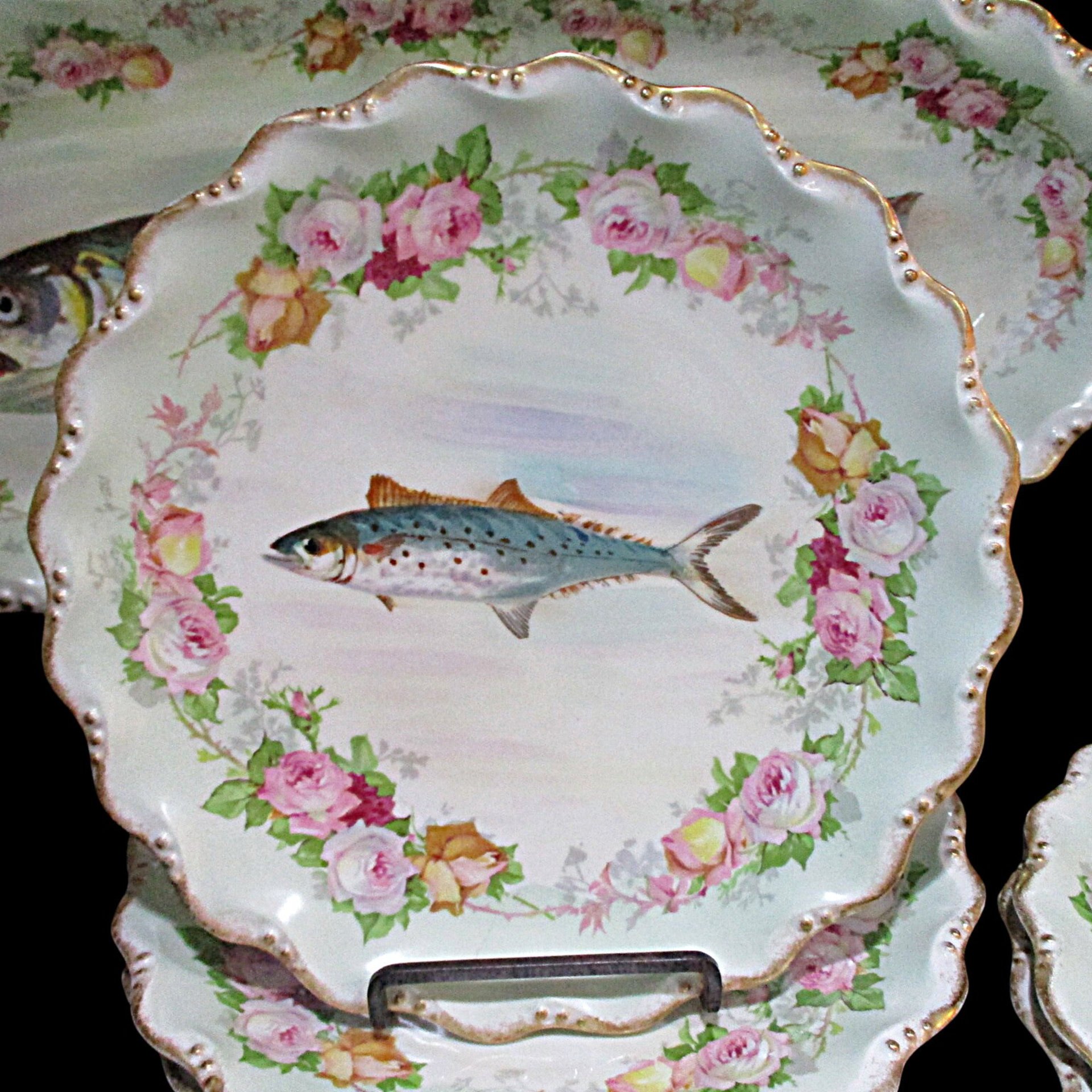 Antique Limoges France, LS & S, Coiffe Star, 13pc Fish Serving Set, 24 Inch Platter, 10 Plates, Sauce Boat and Underplate, 1891 - 1914
