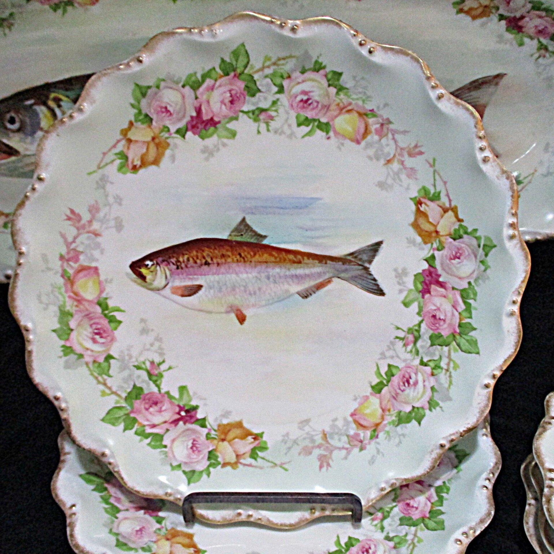 Antique Limoges France, LS & S, Coiffe Star, 13pc Fish Serving Set, 24 Inch Platter, 10 Plates, Sauce Boat and Underplate, 1891 - 1914
