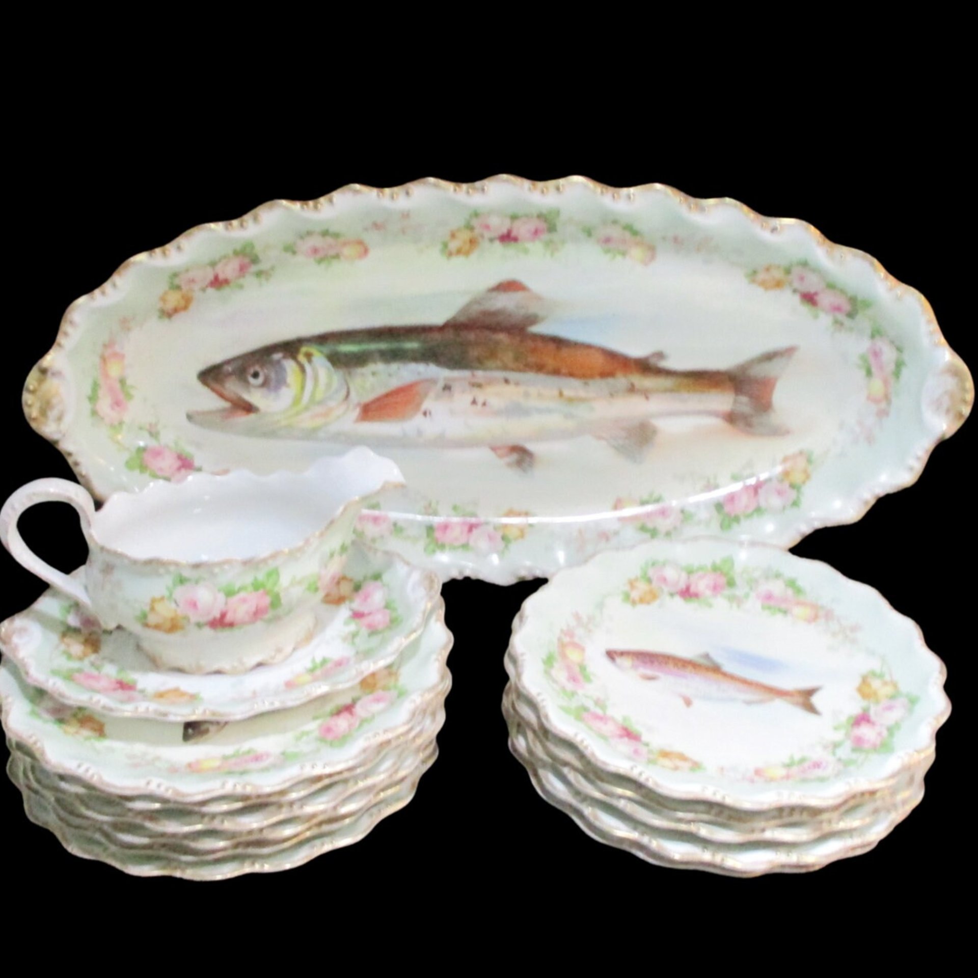 Antique Limoges France, LS & S, Coiffe Star, 13pc Fish Serving Set, 24 Inch Platter, 10 Plates, Sauce Boat and Underplate, 1891 - 1914