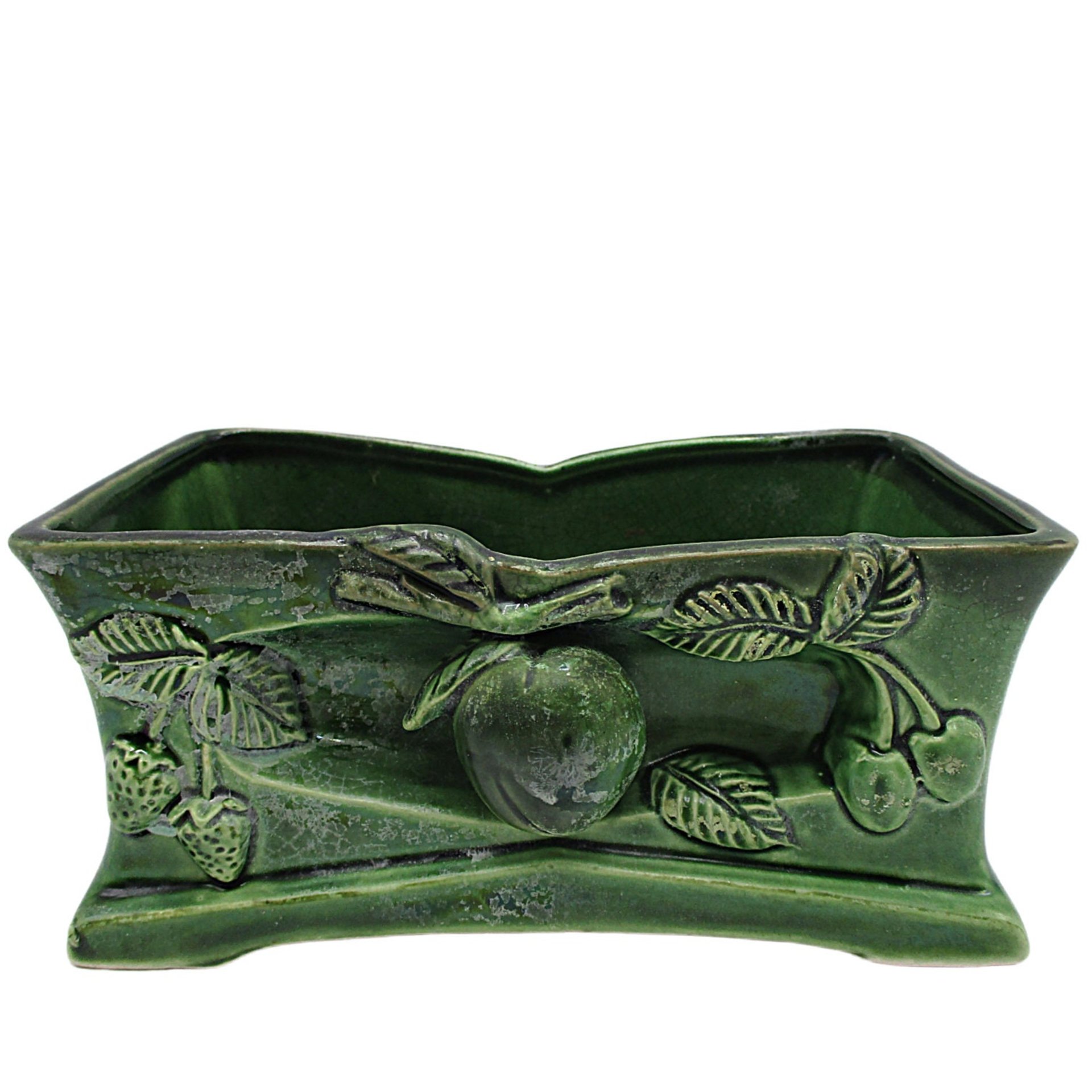 Mid Century Planter, Green Botanical, Dimensional Design, Aged to Perfection
