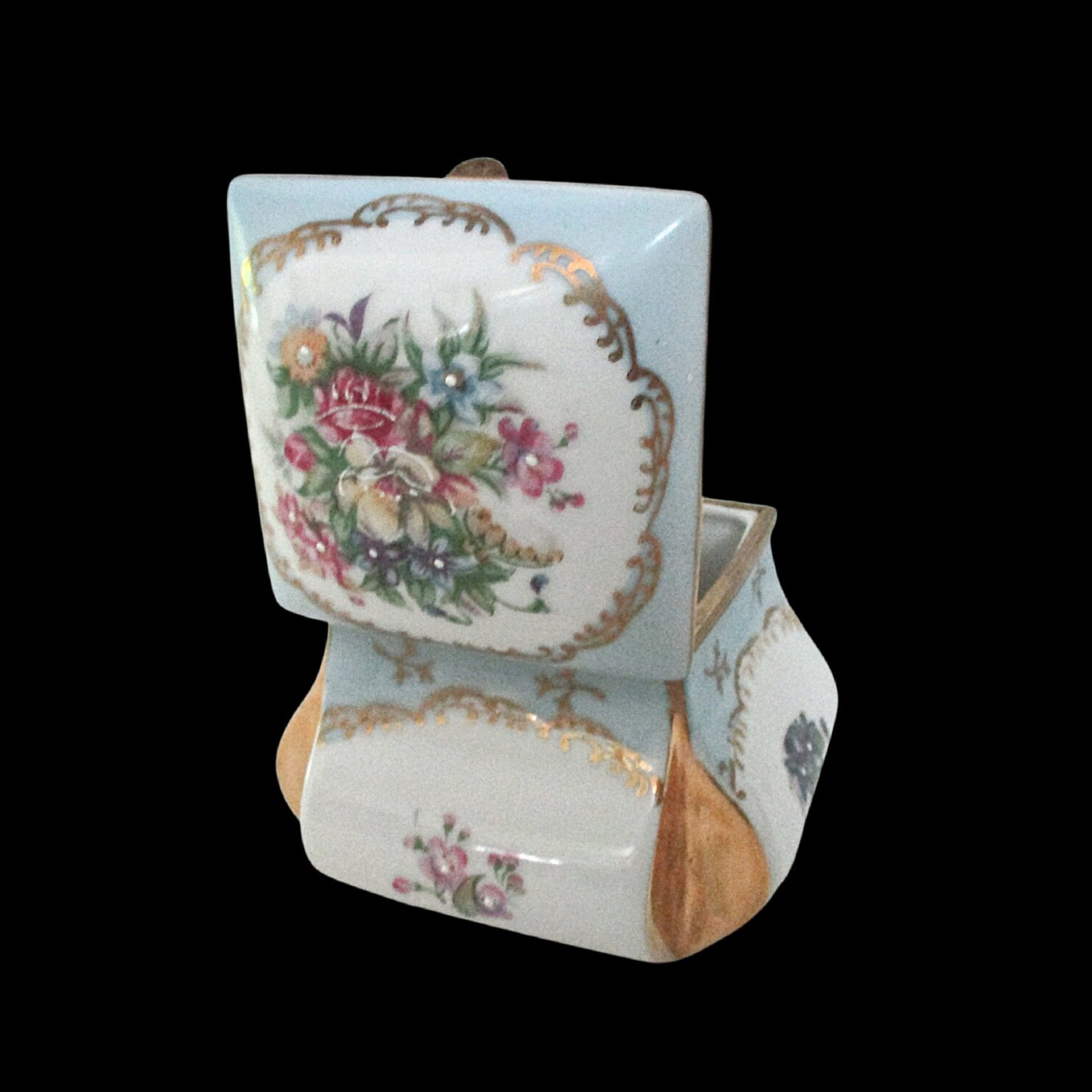 Trinket Box, Lidded and Hinged, Hand Painted, Victorian Florals, Dresser or Vanity Box, Heavy Gold Acccents, Anniversary Gift, Ring Dish