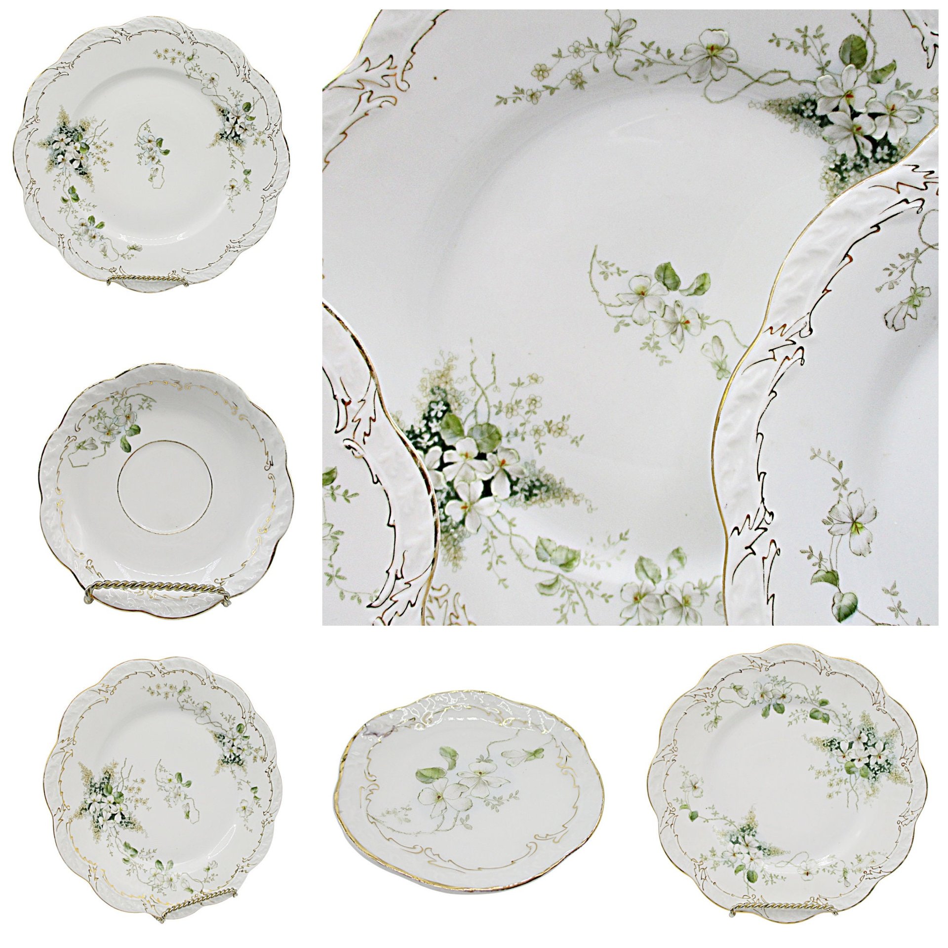 Antique German China, BJK Bav 62, White Flowers, Gold Trim, Deep Green Leaves, Magnolias, Dogwoods, Replacements Plates, Pieces