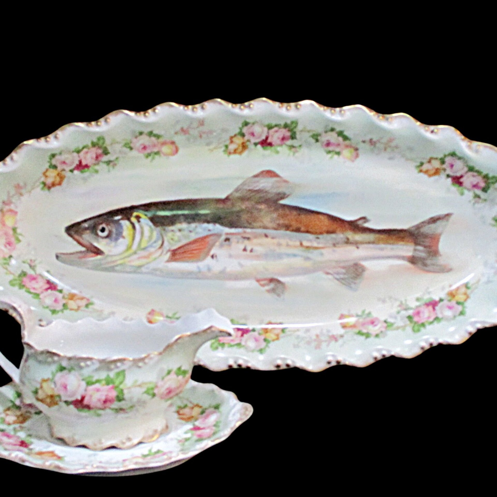 Antique Limoges France, LS & S, Coiffe Star, 13pc Fish Serving Set, 24 Inch Platter, 10 Plates, Sauce Boat and Underplate, 1891 - 1914