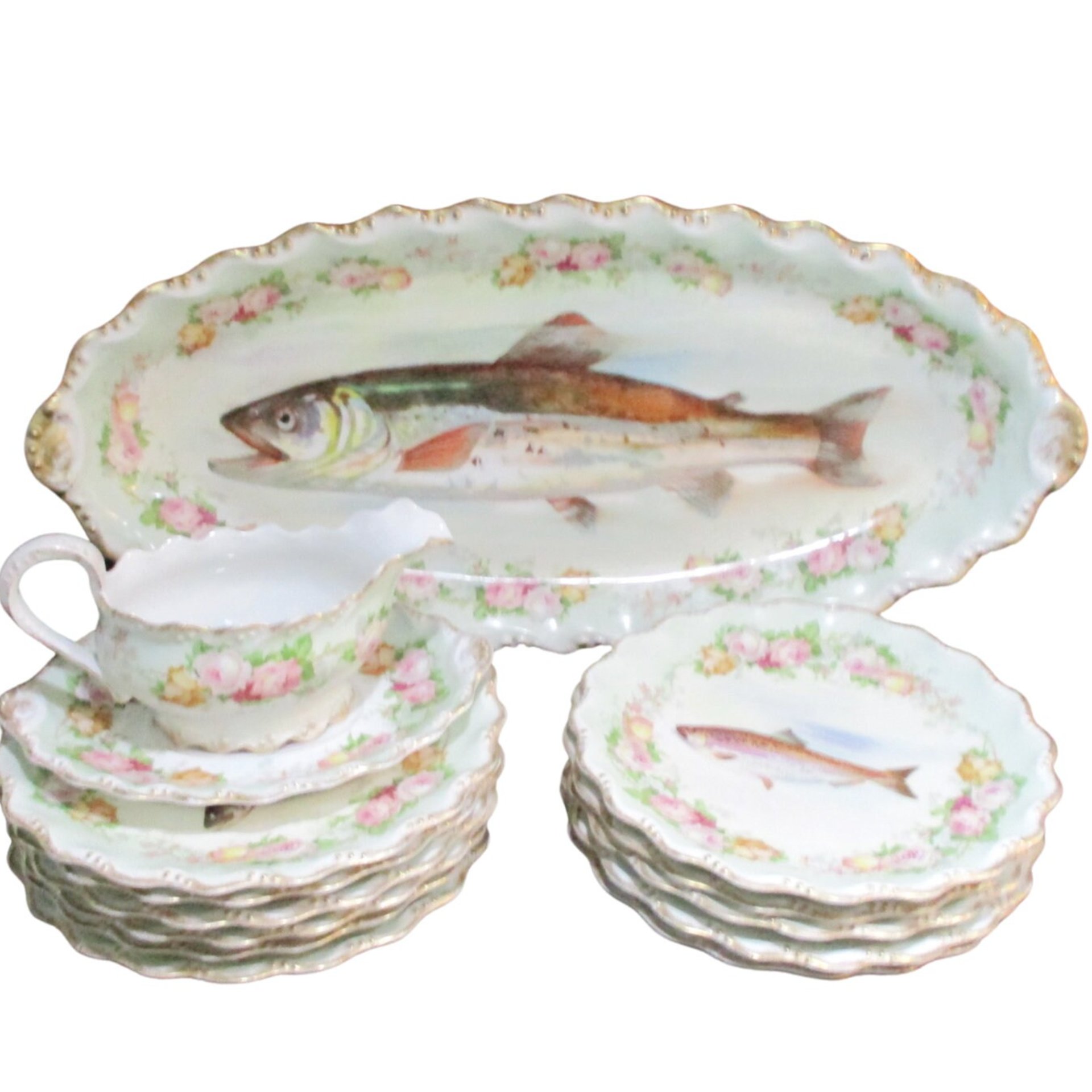 Antique Limoges France, LS & S, Coiffe Star, 13pc Fish Serving Set, 24 Inch Platter, 10 Plates, Sauce Boat and Underplate, 1891 - 1914