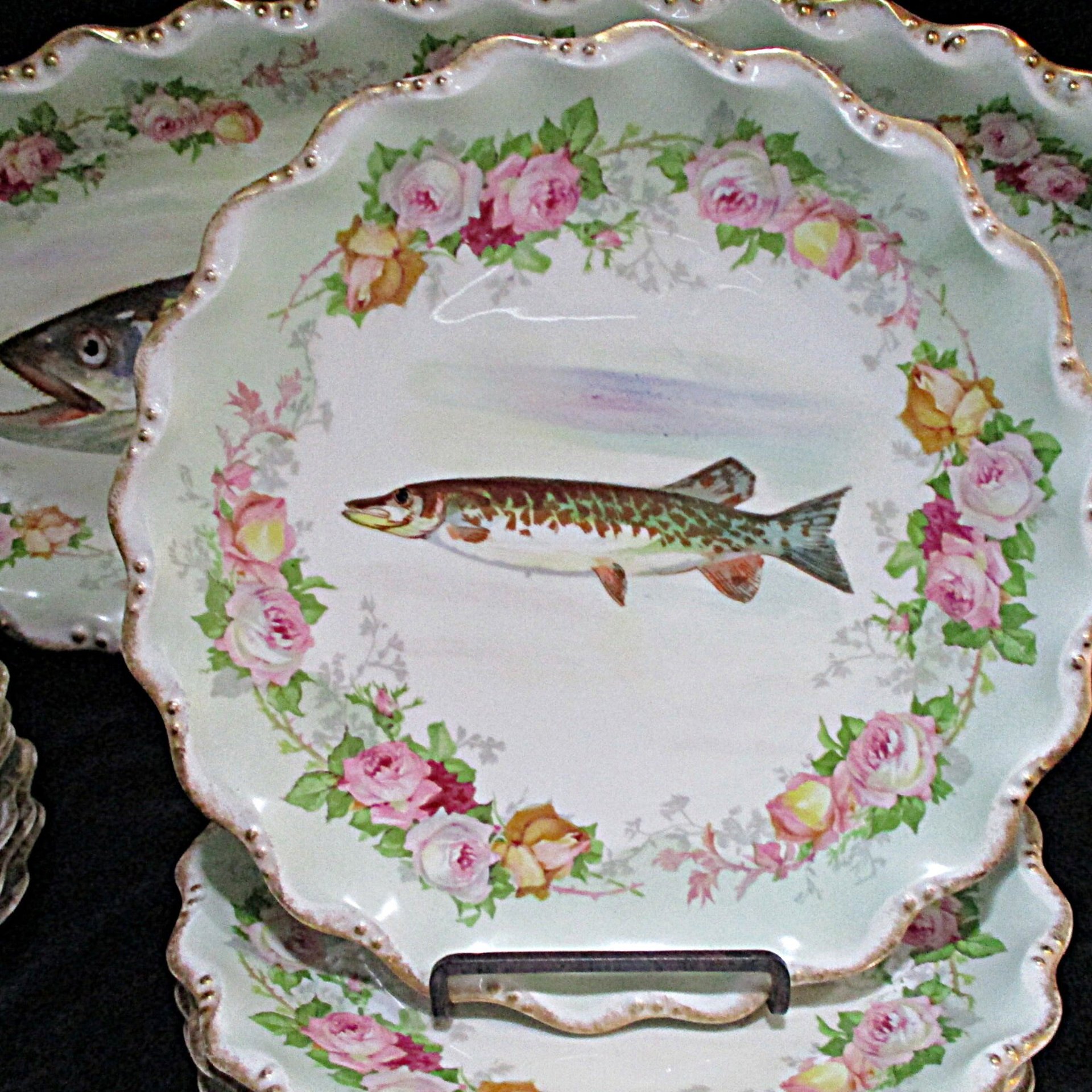 Antique Limoges France, LS & S, Coiffe Star, 13pc Fish Serving Set, 24 Inch Platter, 10 Plates, Sauce Boat and Underplate, 1891 - 1914