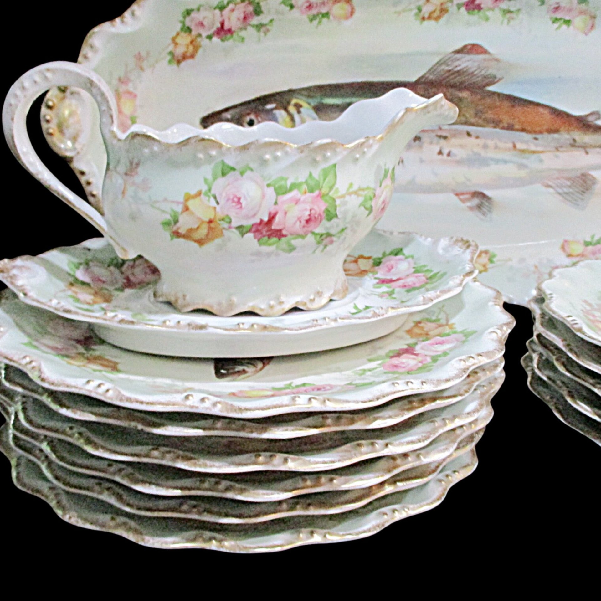 Antique Limoges France, LS & S, Coiffe Star, 13pc Fish Serving Set, 24 Inch Platter, 10 Plates, Sauce Boat and Underplate, 1891 - 1914