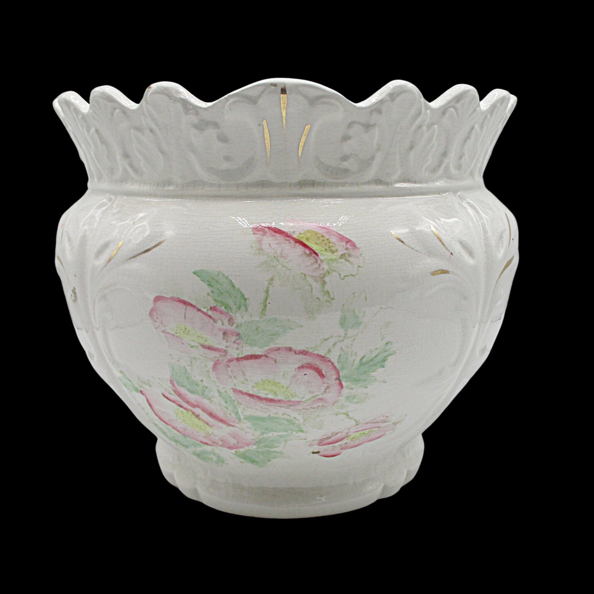 Antique Jardiniere, Doric Porcelain, Made in England, Large Planter, Light Florals, Scalloped and Deep Relief, English or French Cottage