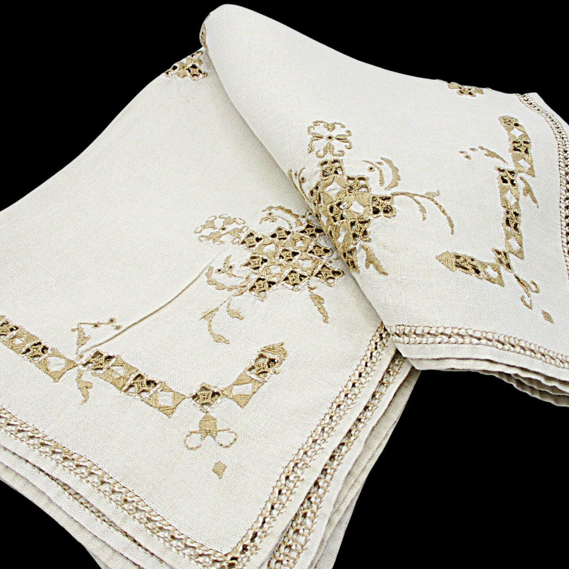 Embroidered Linen Dresser Scarves, Placemats, Cutwork Napkins, Ecru Doilies, Set of 8, Wedding Gift