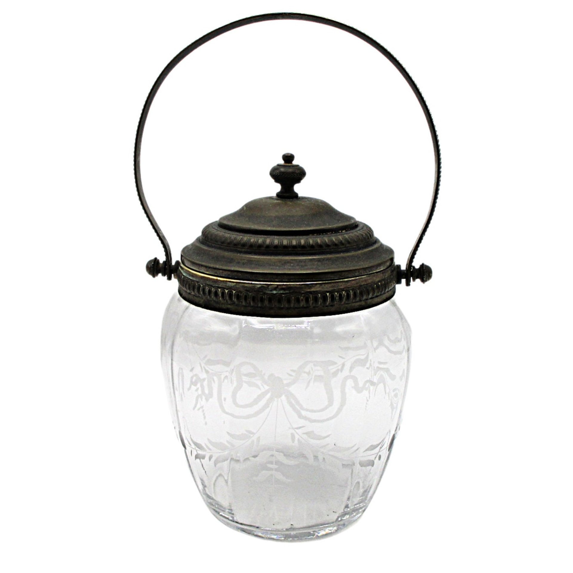 Antique Biscuit Jar, Etched Bow Design, Optic Panels, Ornate Lid and Handle, Victorian Decor