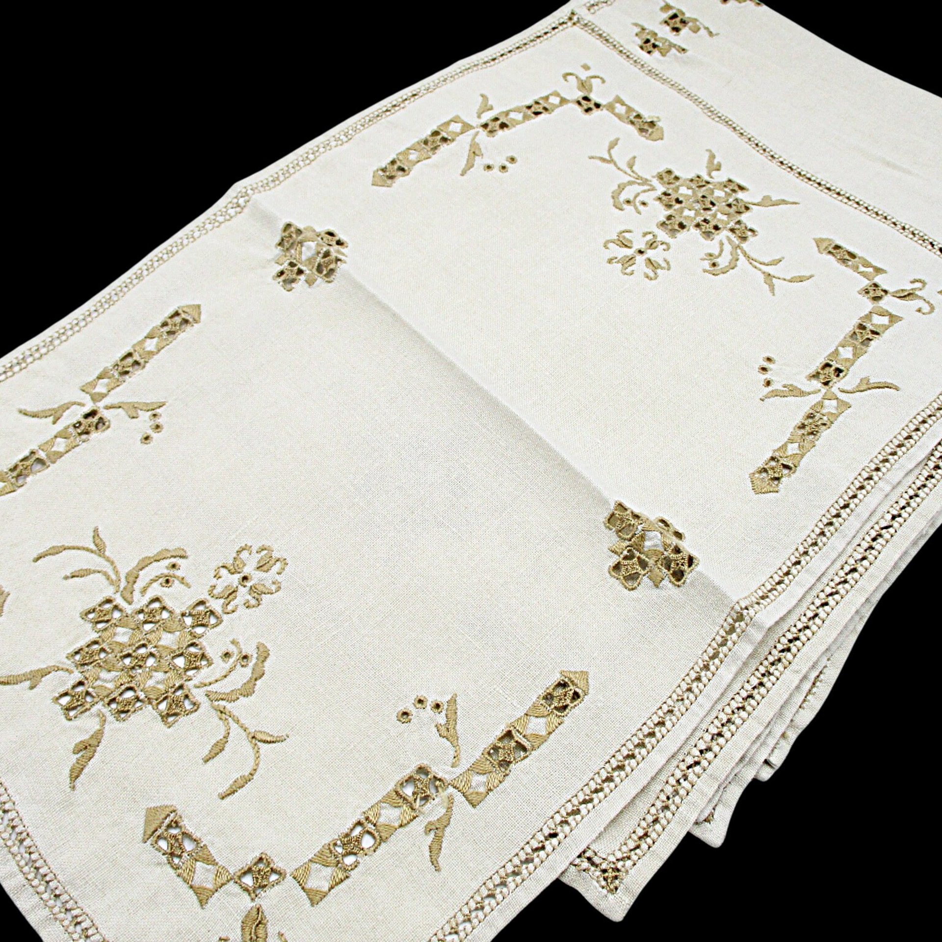 Embroidered Linen Dresser Scarves, Placemats, Cutwork Napkins, Ecru Doilies, Set of 8, Wedding Gift