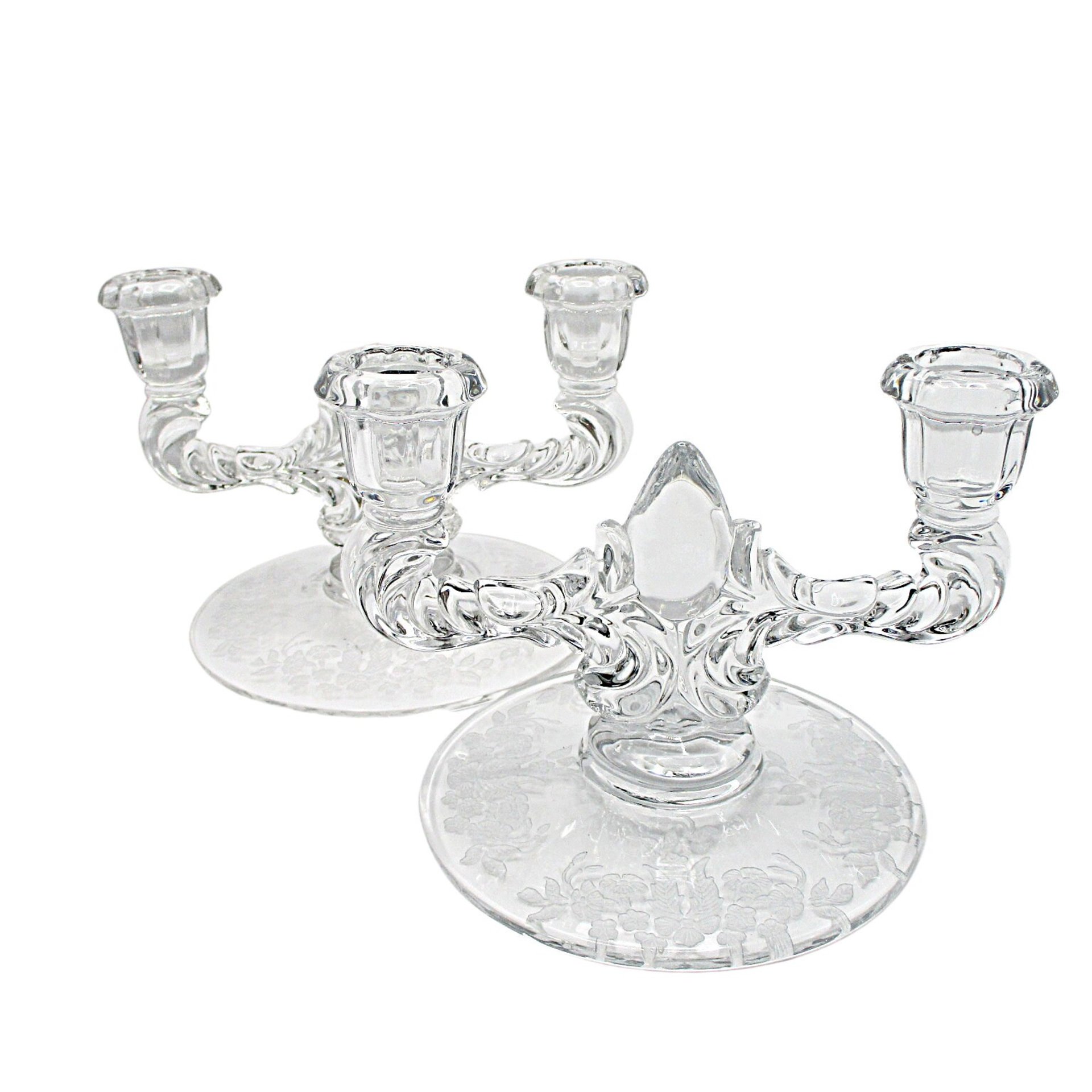 Cambridge Glass, Pair of Double Candle Holders, Ornate with Etched Base, Highly Reflective, Elegant Dining, Tablescaping