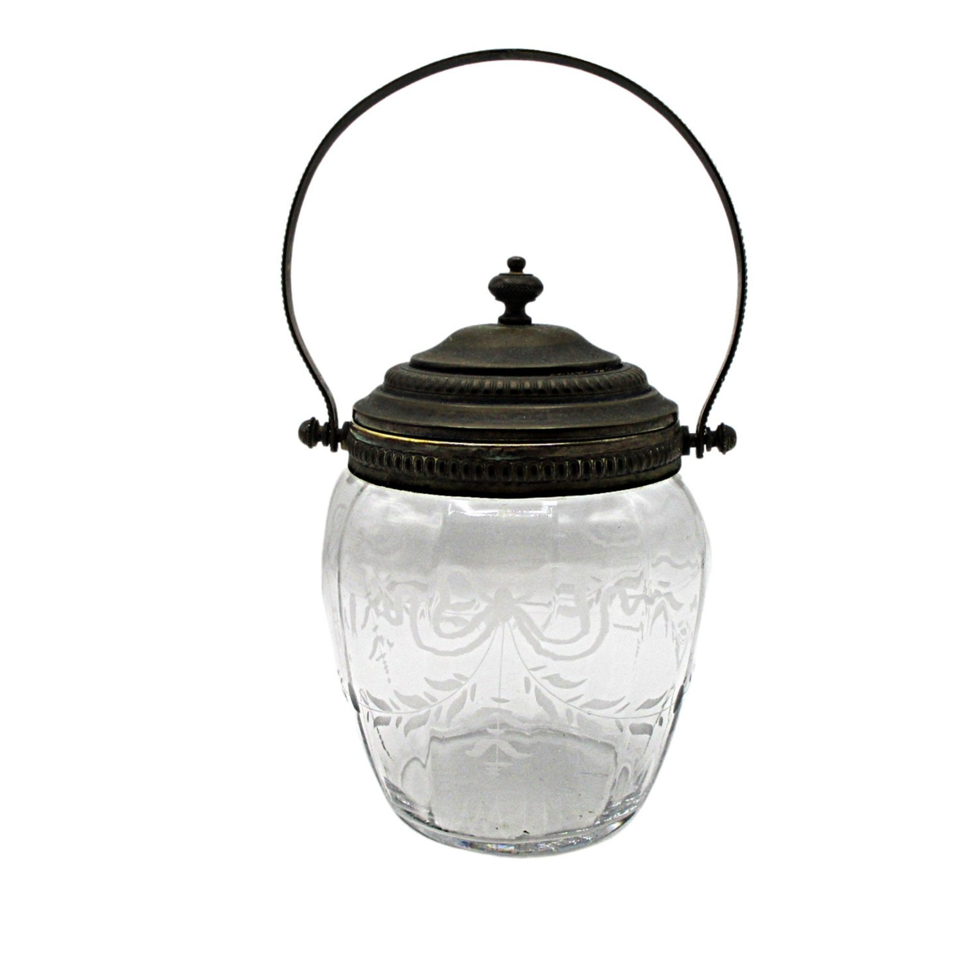 Antique Biscuit Jar, Etched Bow Design, Optic Panels, Ornate Lid and Handle, Victorian Decor