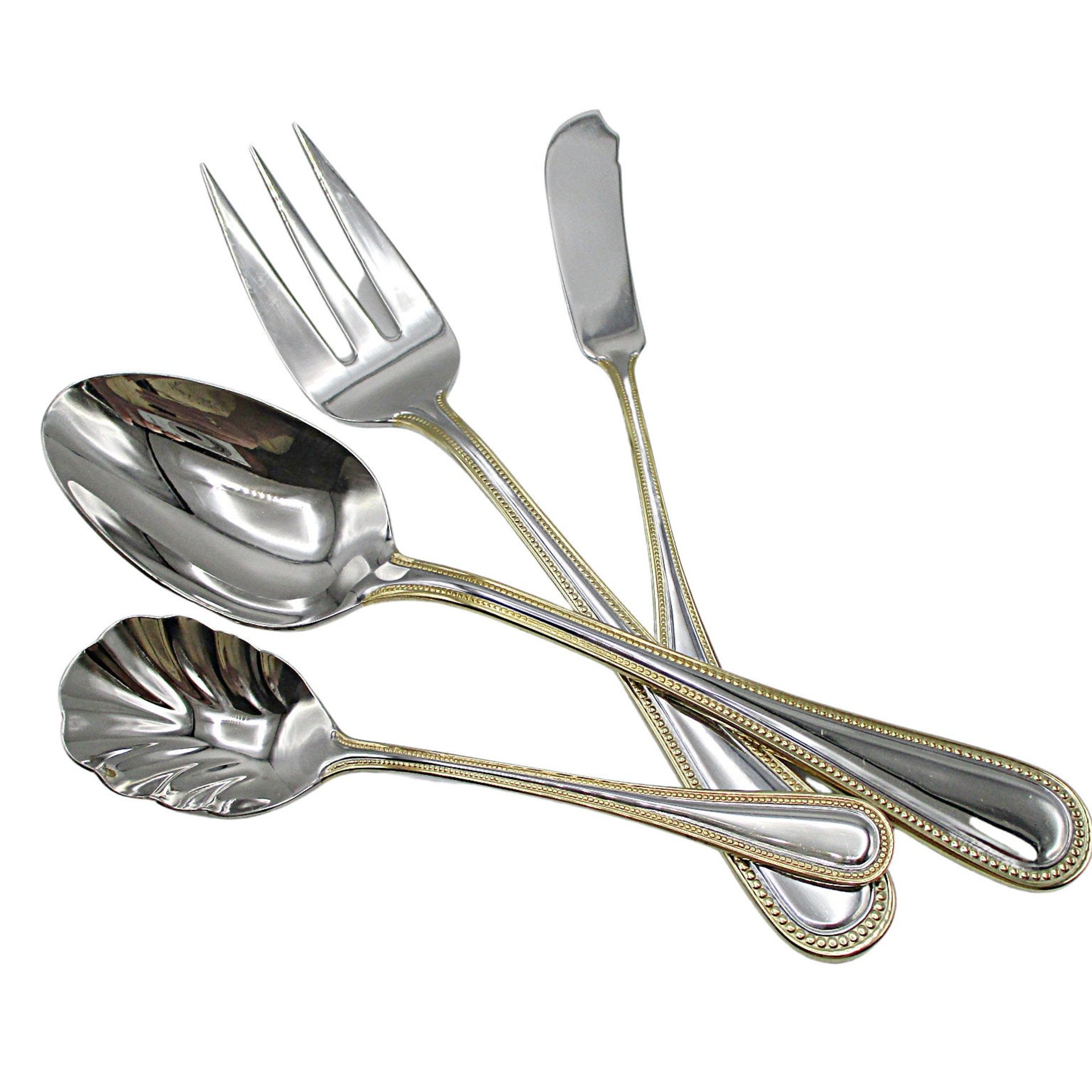 Wallace Gold Royal Bead, Hostess Set, 4pcs, Stainless Steel 18 10, Wallace Replacement Silverware