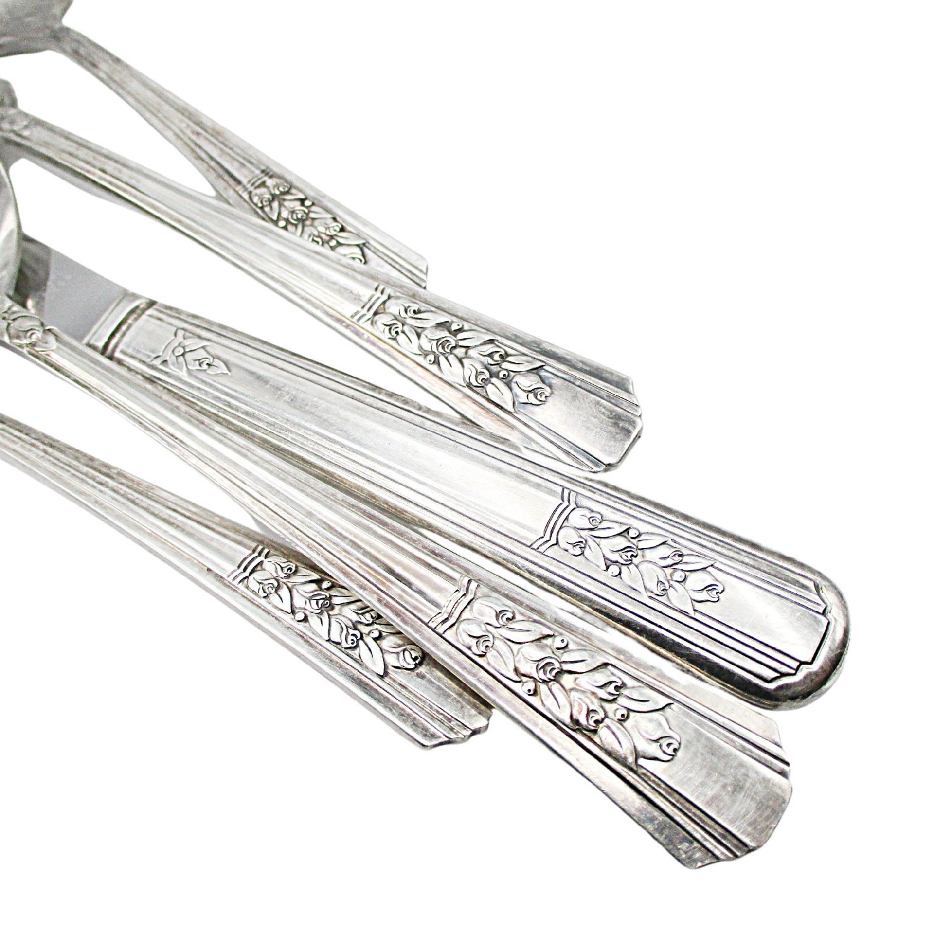 Rogers Oneida Rosalie, Silver Plate, 5pc Place Settings, Silverware Flatware, Rosebuds and Leaves, Multiples Available, 1930s