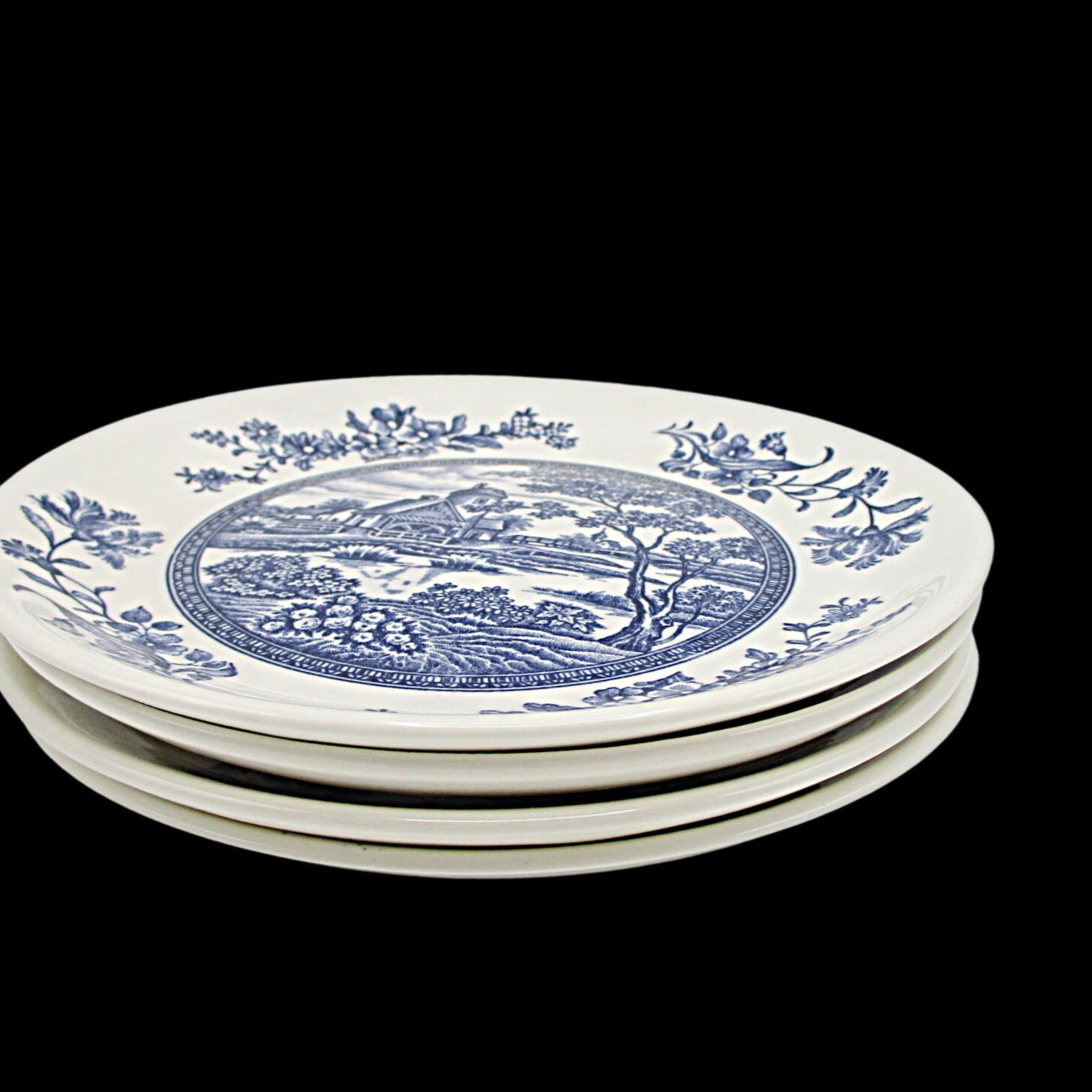Country Farmhouse Decor, Bread or Dessert Plates, Set of 4, Blue and White Dishes, Made in Japan