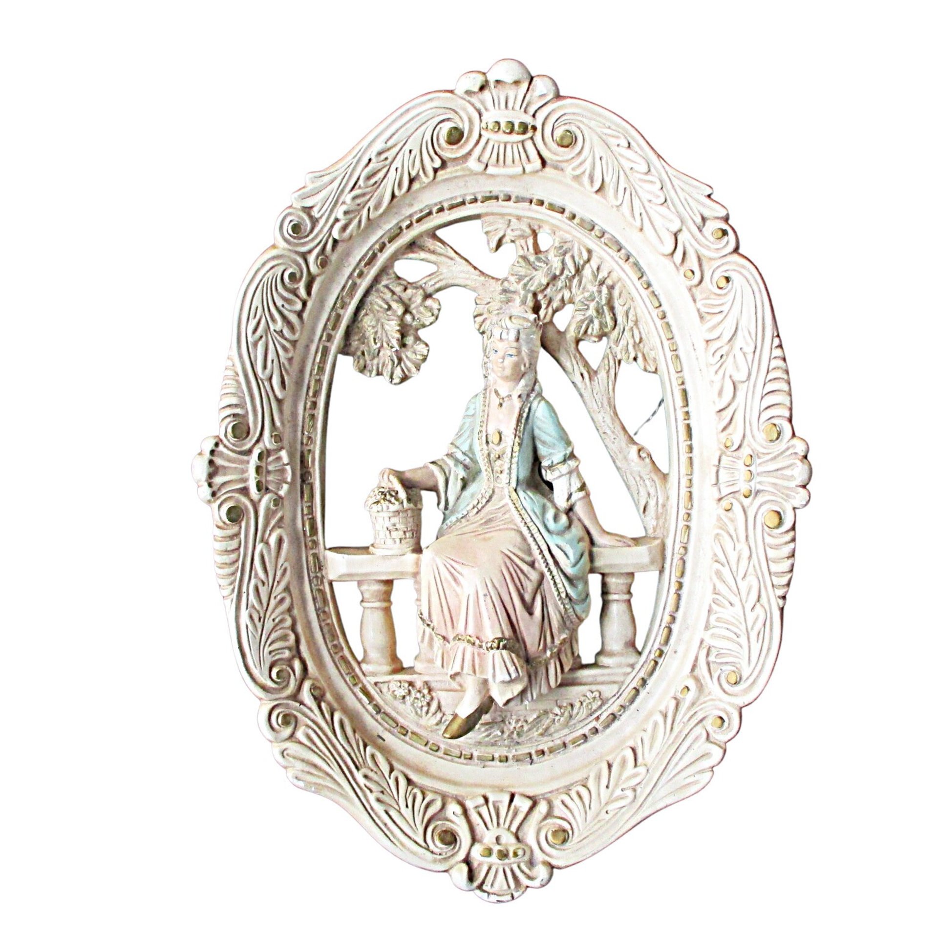 Pair of Large Victorian Couple Wall Plaques, Jayess United Inc Studio, Chicago, Park Setting, Plaster with Old Wire Hangers, 1960s