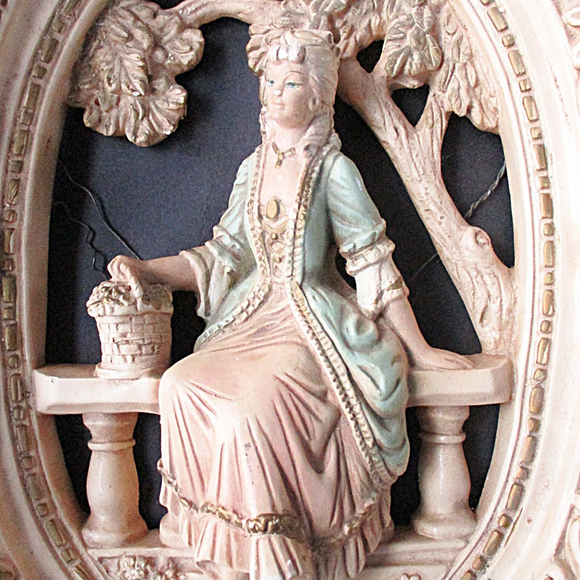 Pair of Large Victorian Couple Wall Plaques, Jayess United Inc Studio, Chicago, Park Setting, Plaster with Old Wire Hangers, 1960s
