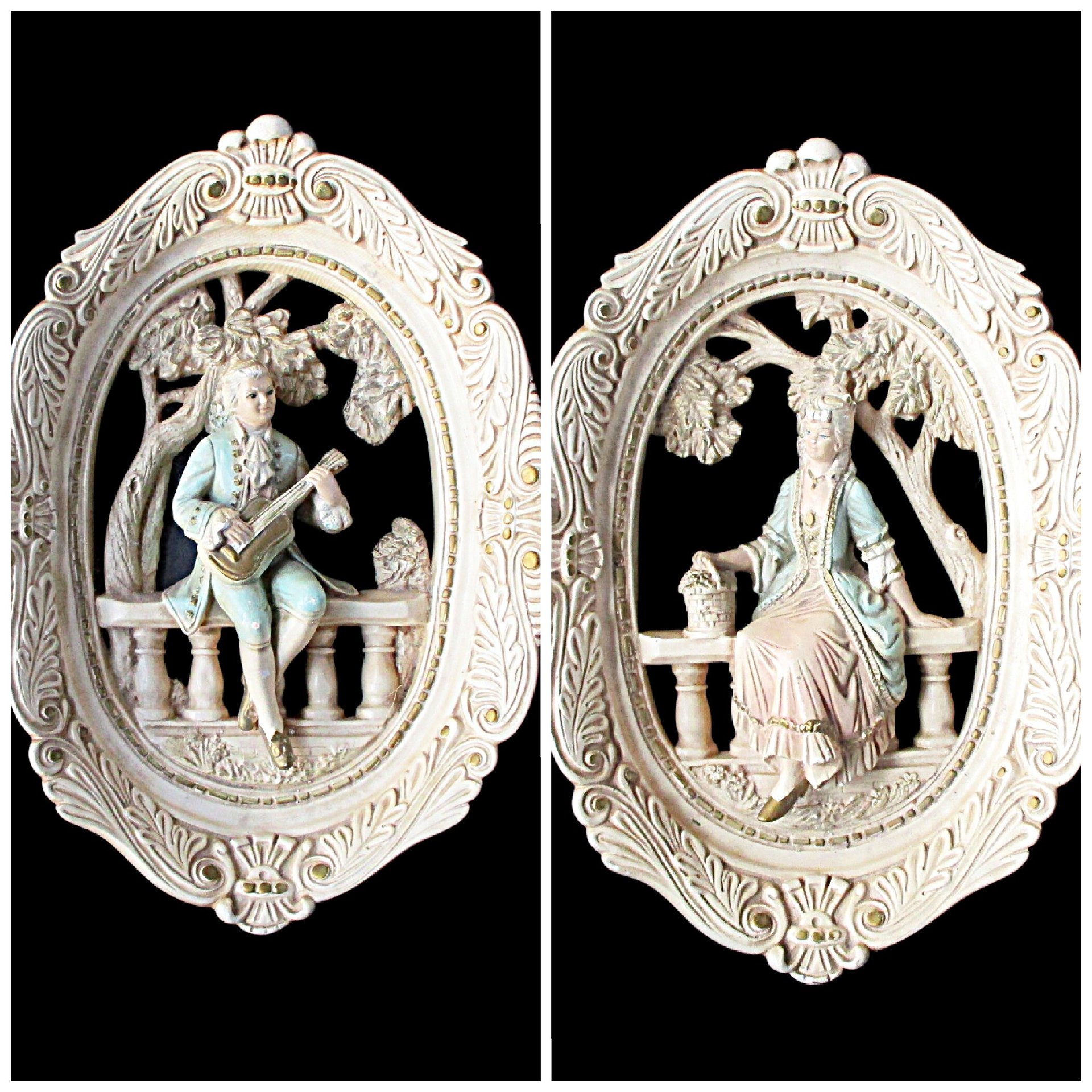 Pair of Large Victorian Couple Wall Plaques, Jayess United Inc Studio, Chicago, Park Setting, Plaster with Old Wire Hangers, 1960s