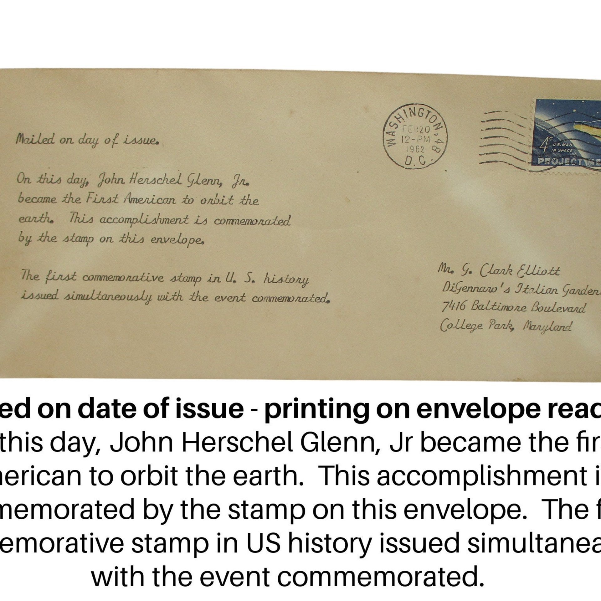 1962 Postage Stamp, Commemorative Stamp for First Orbit Around Earth, John Glenn, Project Mercury, Mailed Date of Issue and Orbit, NASA