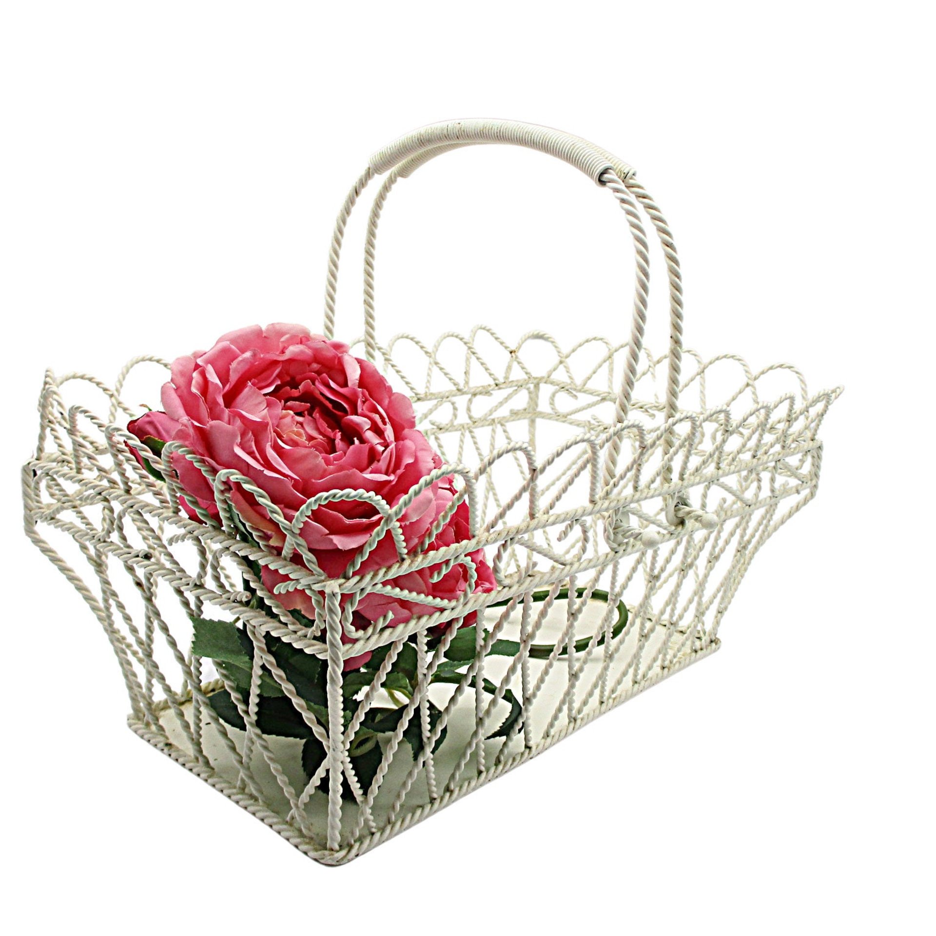 Wire Basket, Double Handled, Twisted Metal, Flower Holder, Solid Bottom, Lattice Sides, 15in X 9in, Farmhouse Cottage Decor