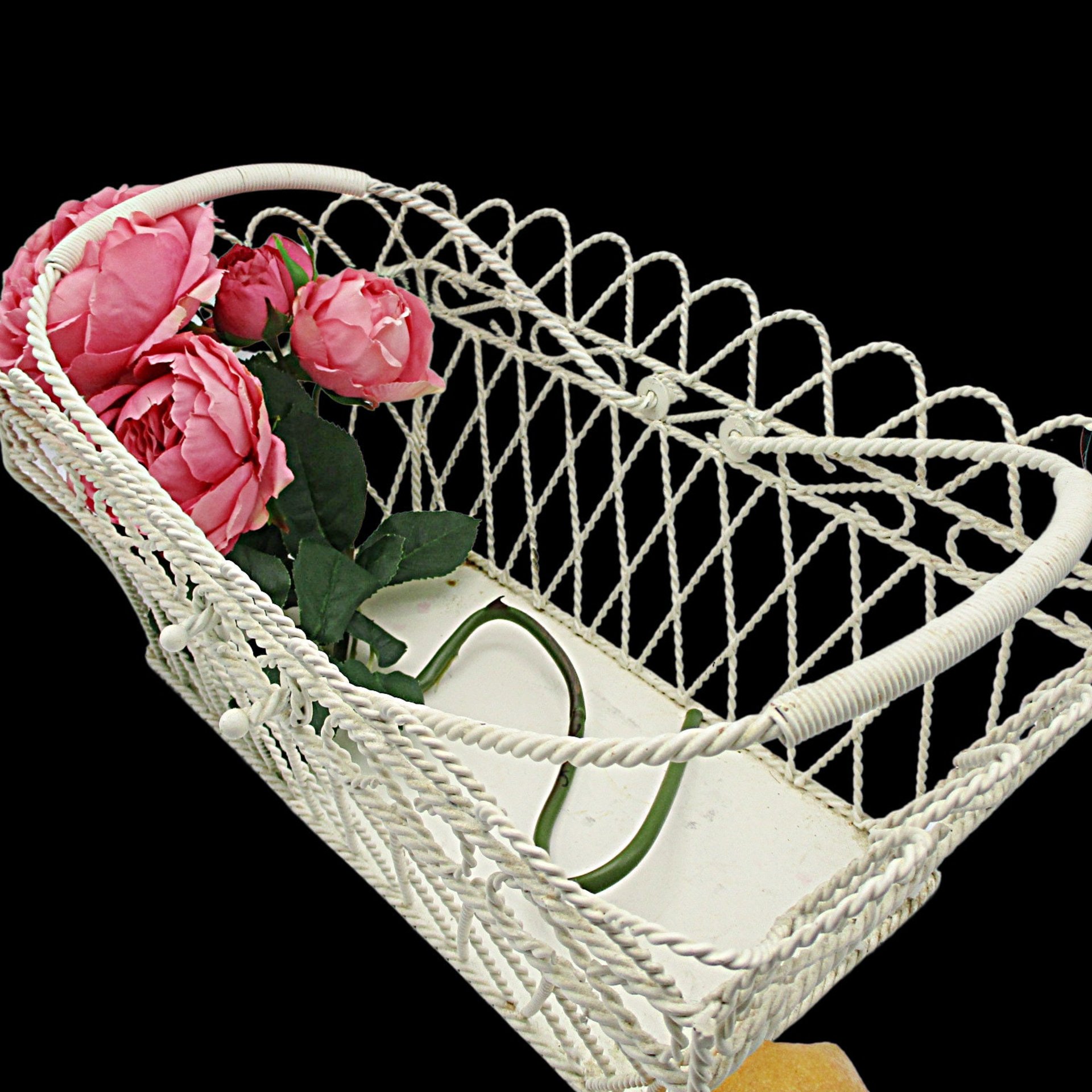 Wire Basket, Double Handled, Twisted Metal, Flower Holder, Solid Bottom, Lattice Sides, 15in X 9in, Farmhouse Cottage Decor