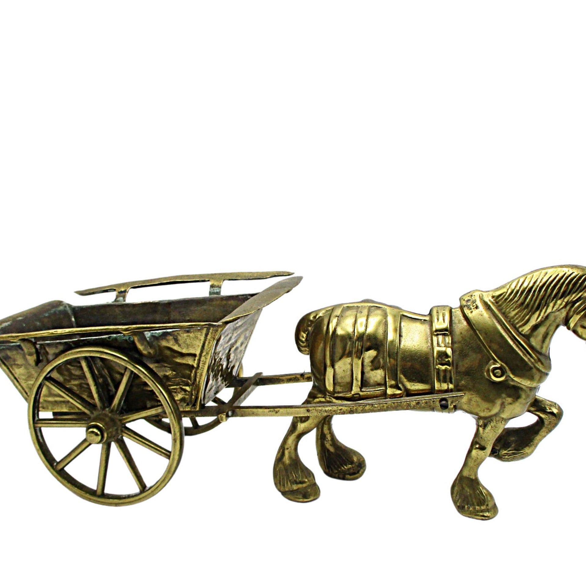 Large Brass Draft Horse Pulling Wagon, Farmhouse Decor, Planter, Gift for Horse Lover, 17 Inches Long, Work Horse and Wagon Statue